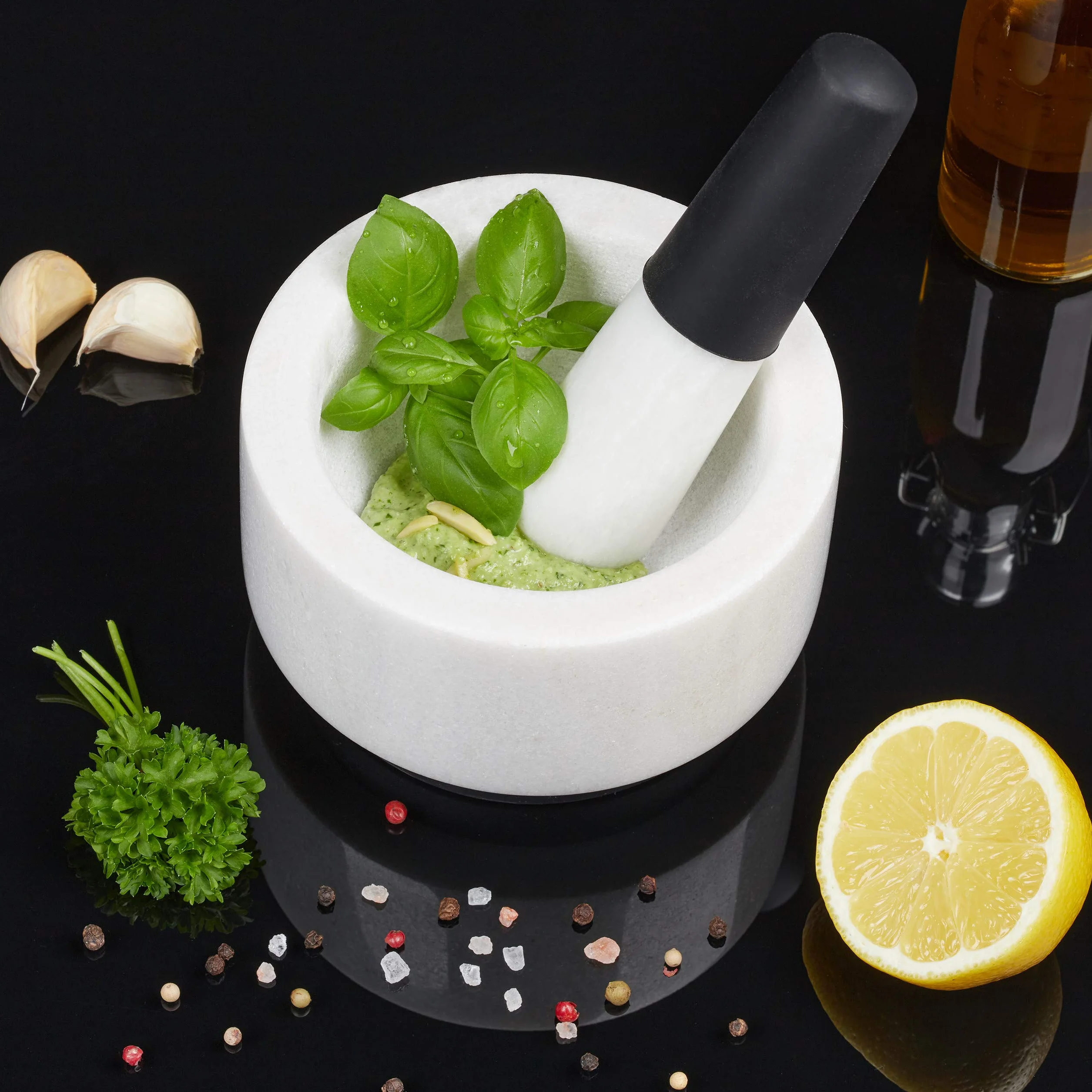 Relaxdays Mortero con Mano, Mármol, Silicona, Duradero, Macizo, Especias y Hierbas, Moledor Piedra, 14 cm Ø, Blanco