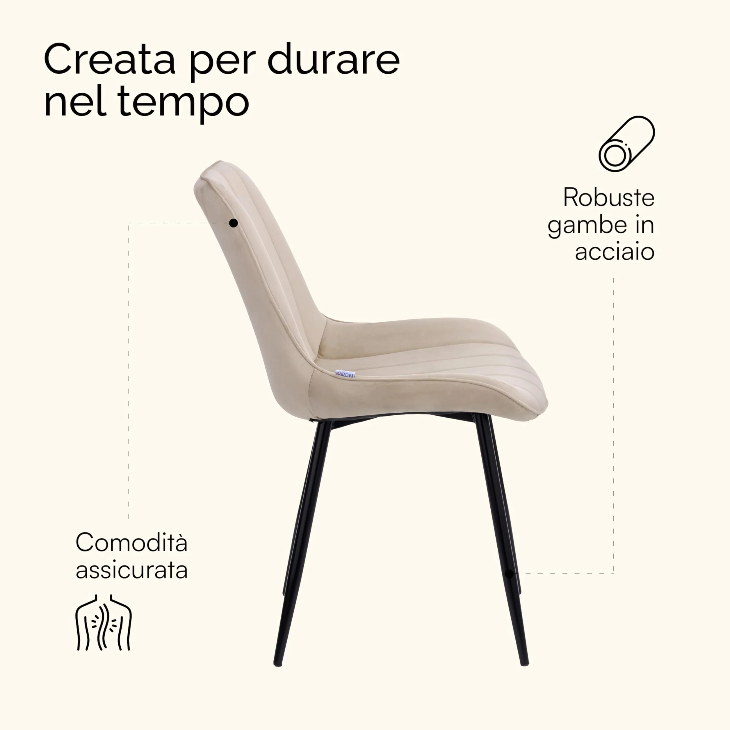 Baroni Home Juego de 4 sillas Modernas con Revestimiento de Terciopelo y Patas de Acero Negro, para salón, Dormitorio, Comedor, 53 x 86 x 44 cm, Beige