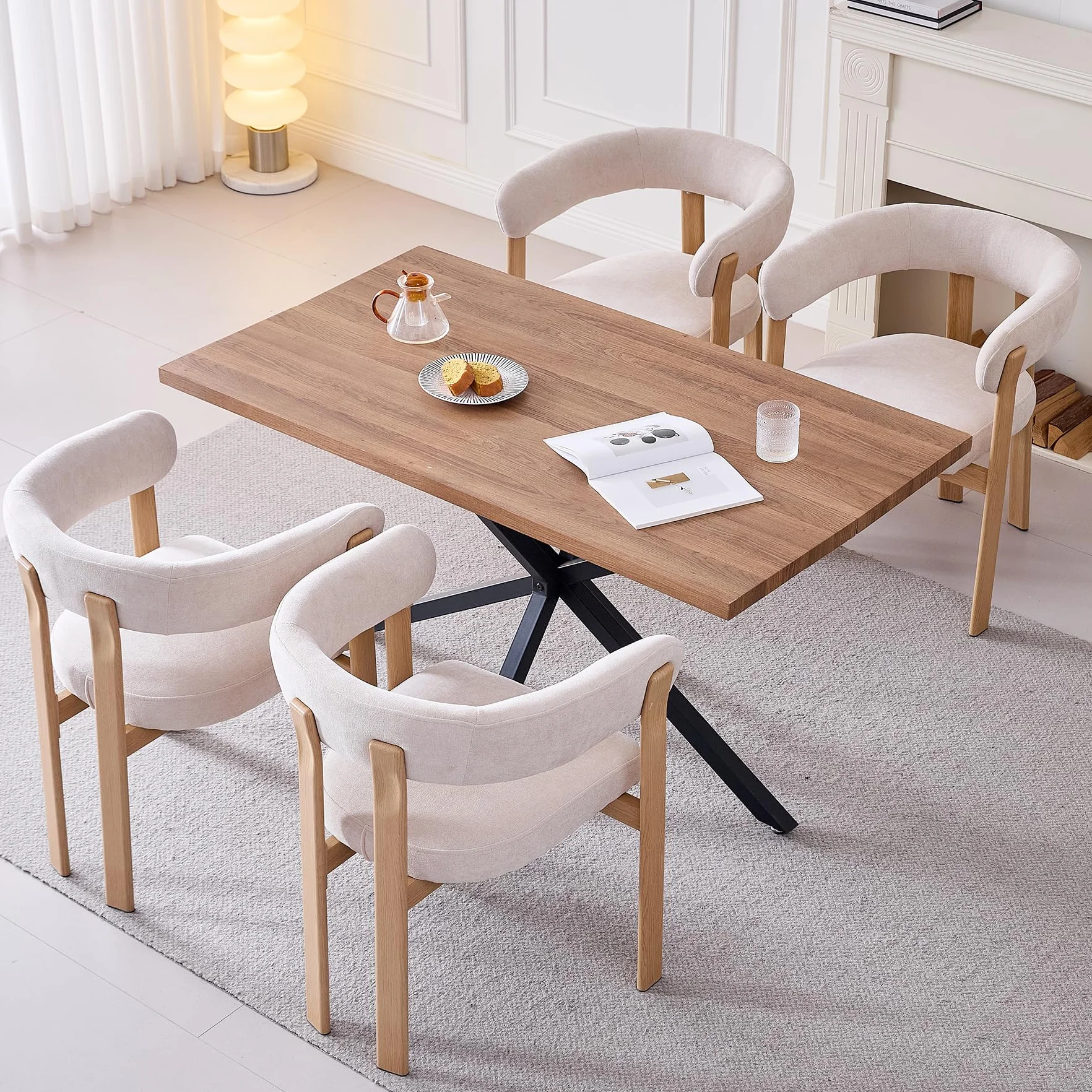 Juego de 4 sillas, sillón reclinable con Cojines de Tela,sillón de Estilo Medieval,Silla de Cocina,Patas de Metal,Apto para Dormitorio,Sala de Estar,Comedor - Beige