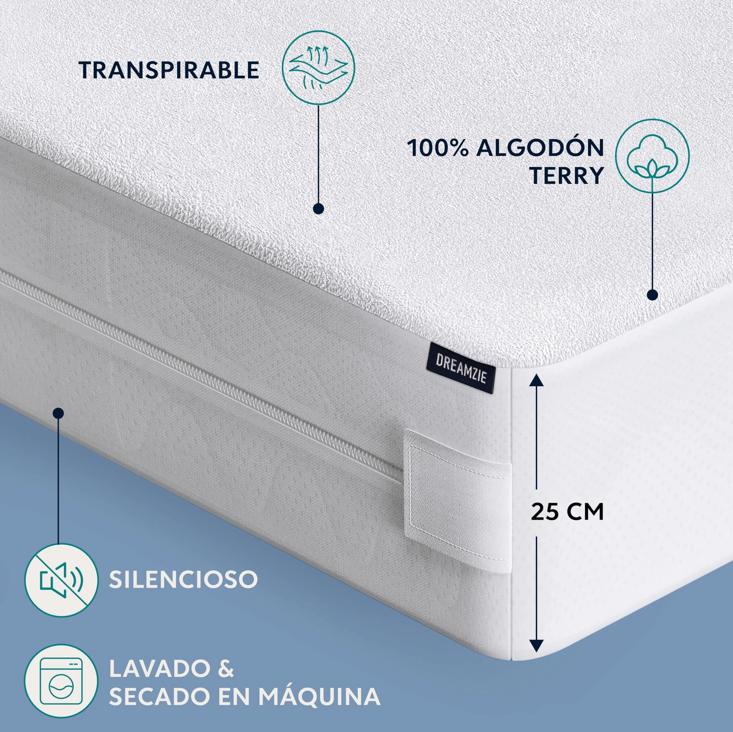 Dreamzie Funda de Colchón con Cremallera 135 x 190 x 25 cm - Protector Colchón Antiácaros 135x190 x 25 cm Antichinches Y Impermeable con Cierre de Cremallera para Alergias, Certificado Oeko-Tex