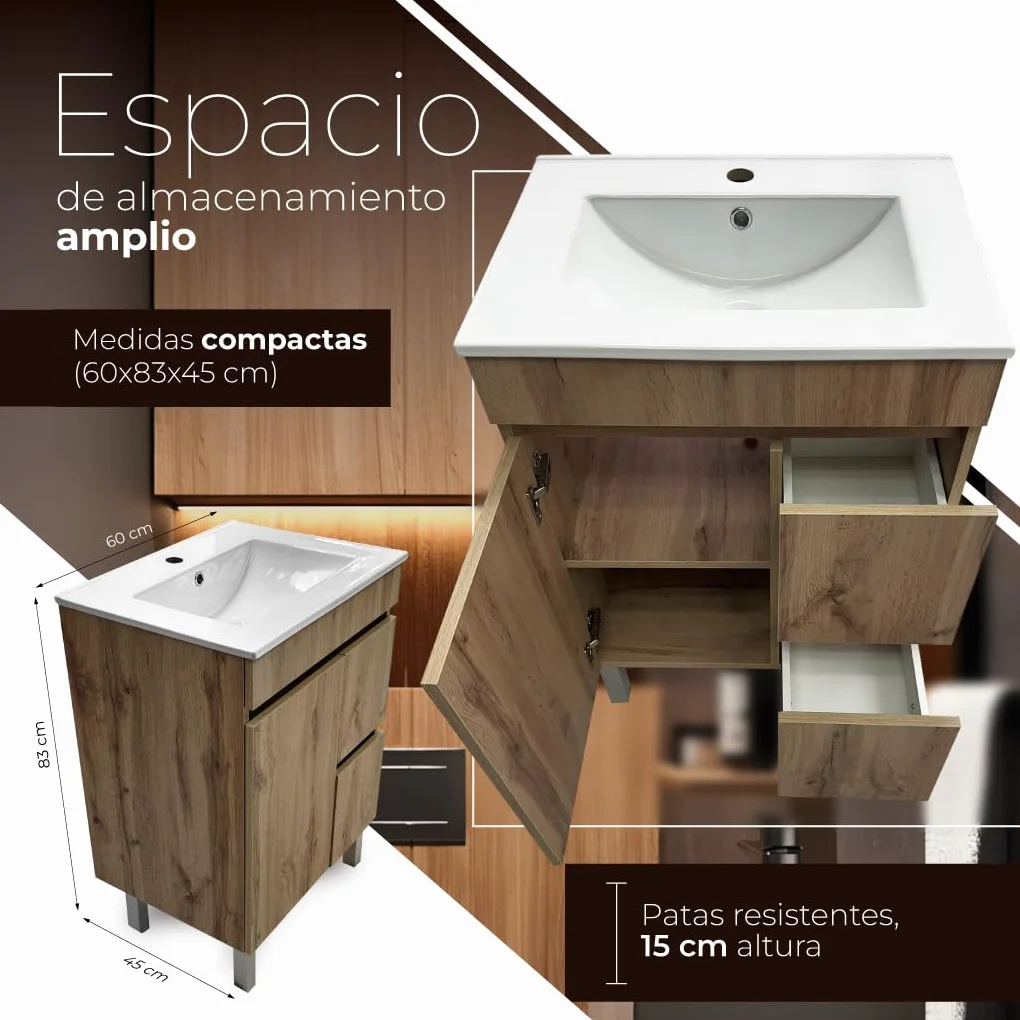 Juego Mueble Baño con Lavabo. Mueble Lavabo 60 cm. Mueble Bajo Lavabo Compacto Preinstalado de Fábrica. Mueble Baño con Lavabo 60 cm con Pie de Porcelana. No Incluye Espejo.