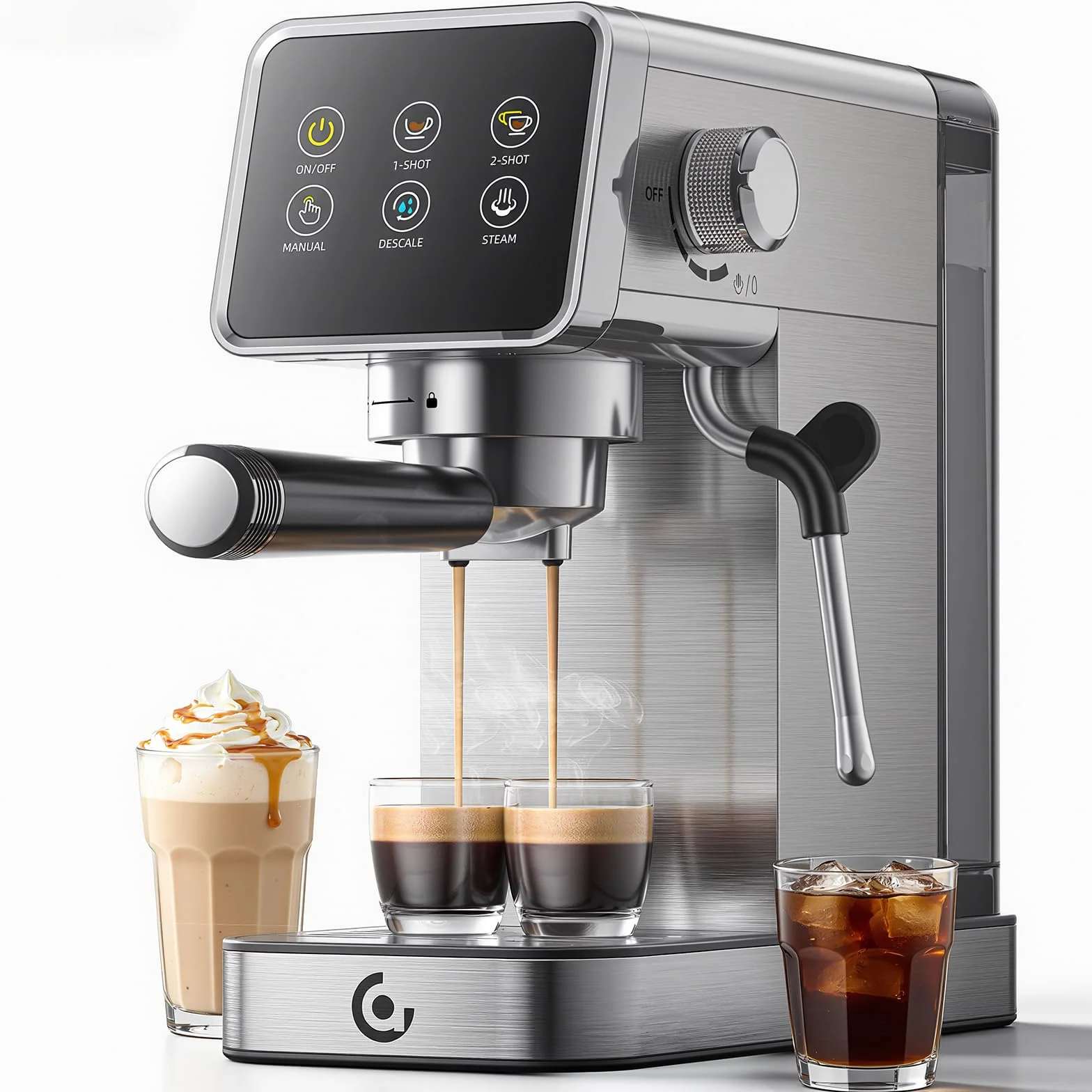 AMZCHEF Cafetera Espresso 20 Bar de Acero Inoxidable con Pantalla LED Táctil, Cafetera Express con Autolimpieza y Vaporizador de Leche, Compacta para Cappuccino y Latte, Ideal para Casa y Oficina