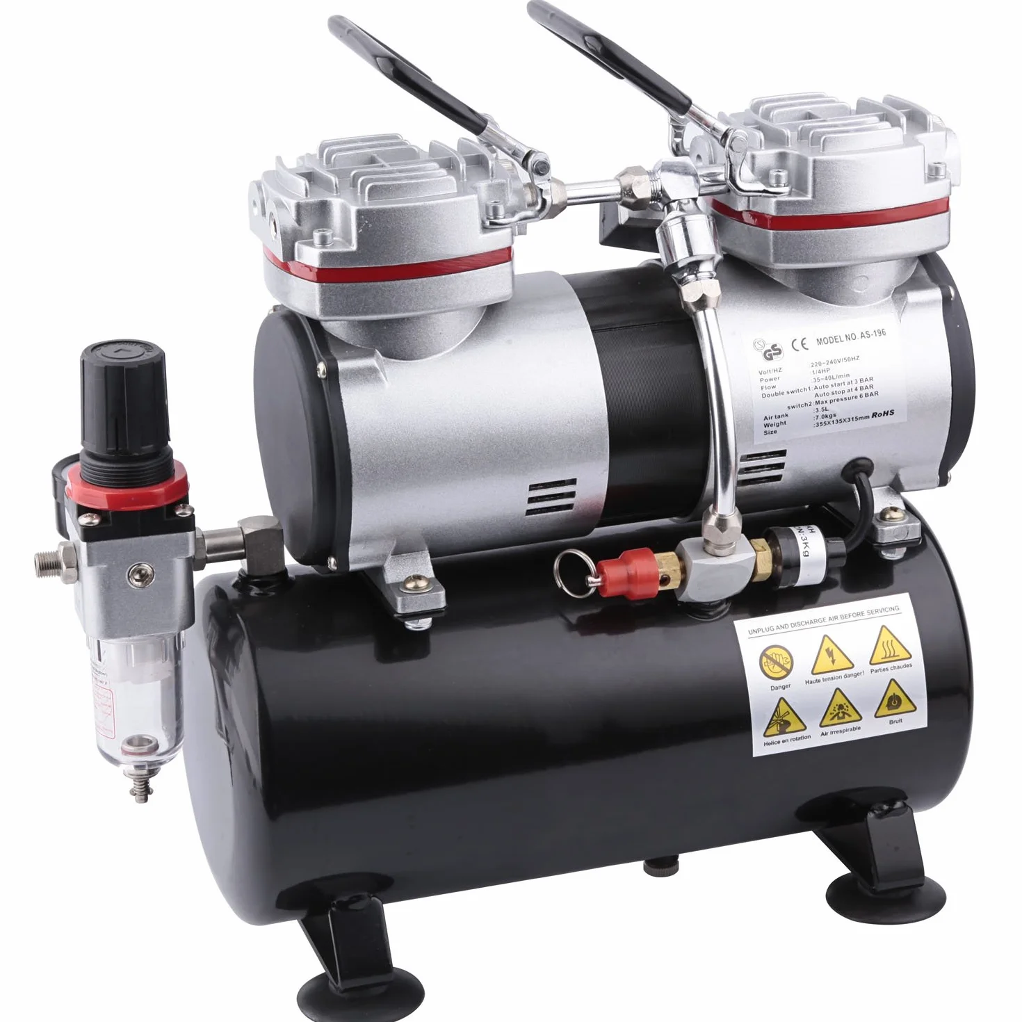 Compresor de aerógrafo Fengda FD-196 con calderín / regulador de presión / 3.5L / 6 bar / parada automática