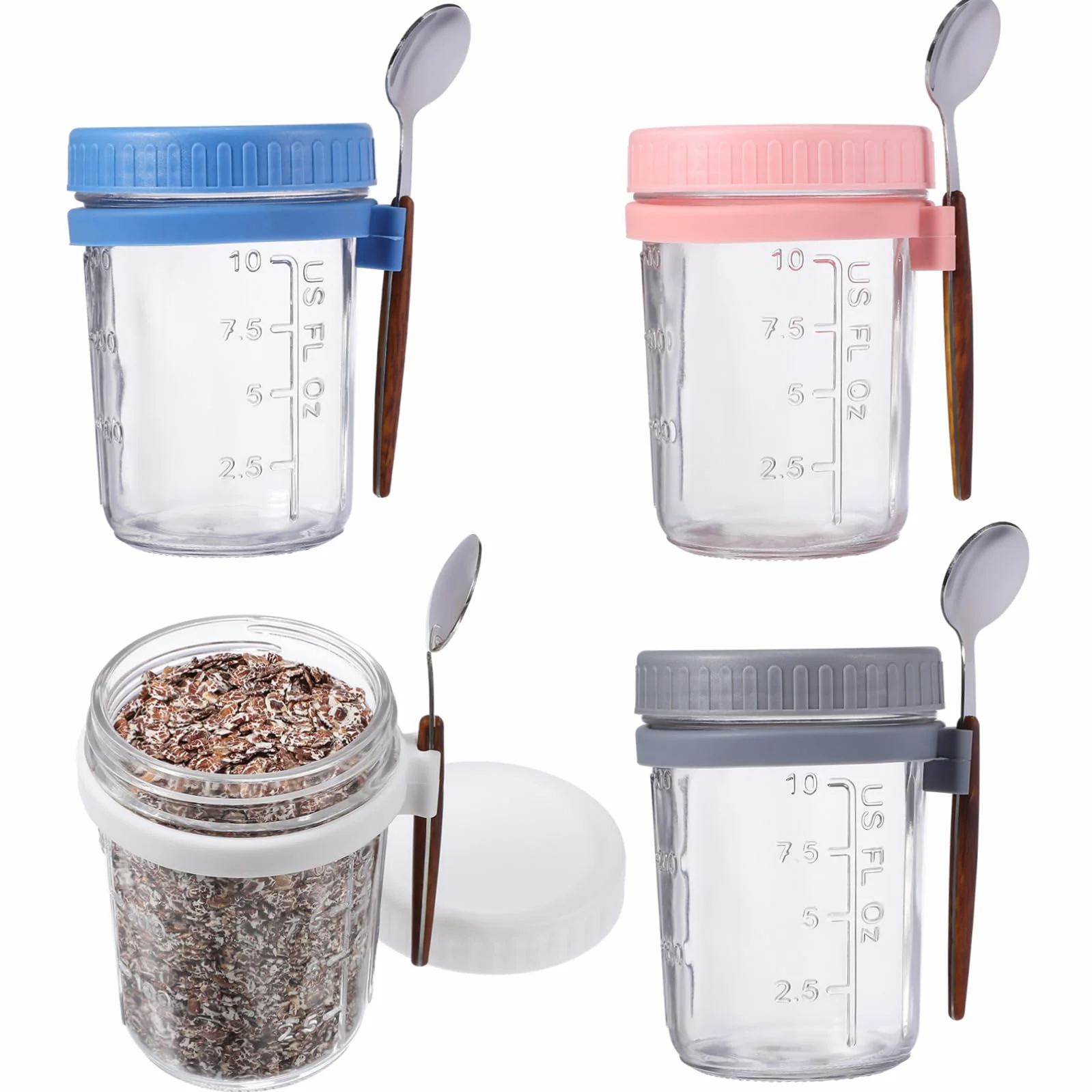 SOIMISS Tarros Mason de Cristal 400ml con Tapa y Cuchara, 4 Piezas | Cierre Antifugas, Silicona, Aptos para Oficina y Cocina, Envases para Avena Nocturna y Postres