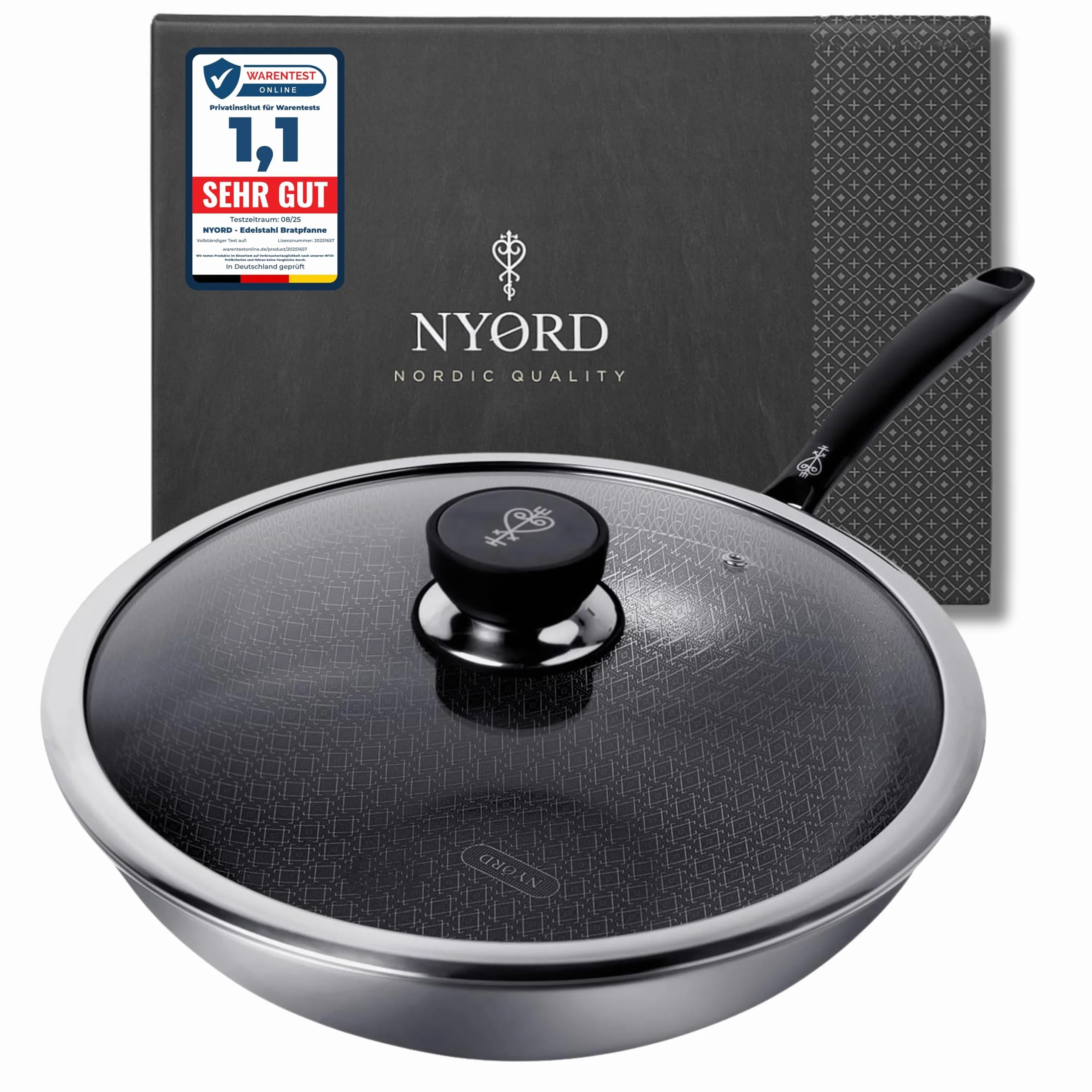 NYORD - Sartén wok (30 cm, acero inoxidable, con protección híbrida y revestimiento cerámico, apta para vitrocerámica, gas y cocinas de inducción)