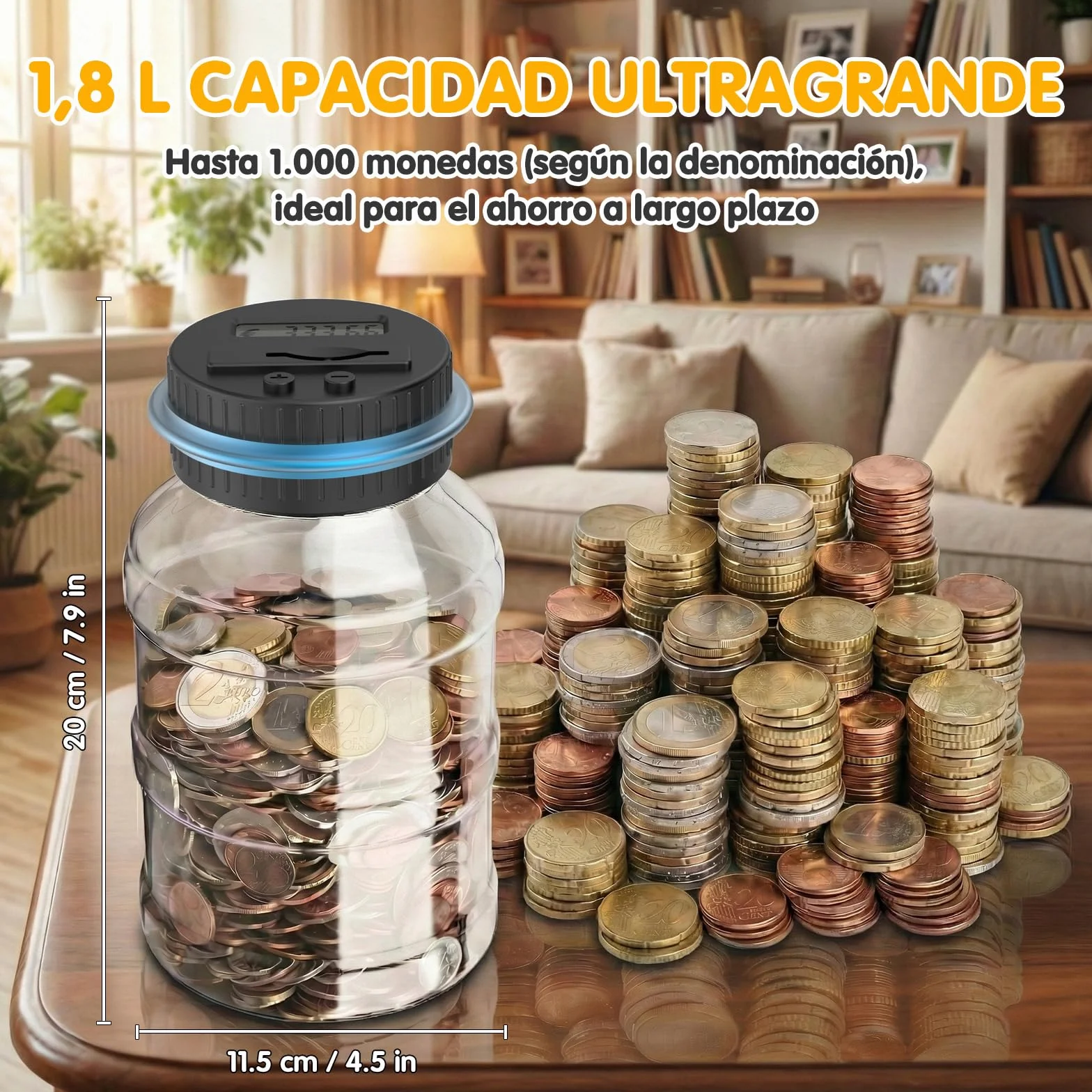 Pup Go Hucha Electronica Digital con Contador y Pantalla LCD, 1.8L Gran Capacidad, Transparente, Cuenta Monedas Euro