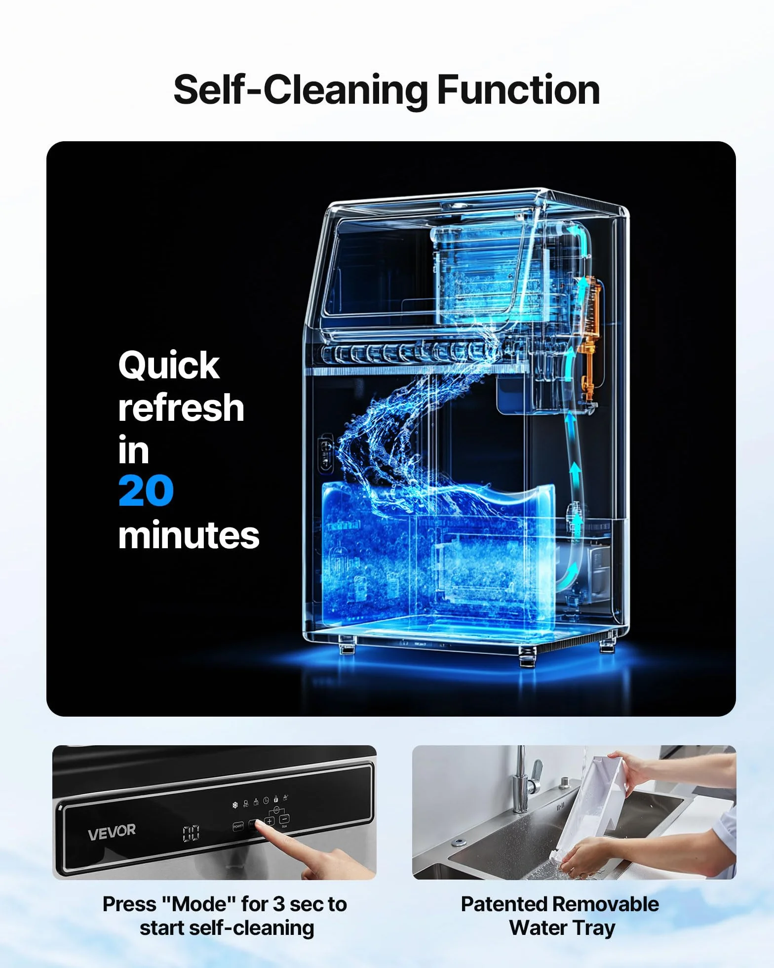 VEVOR Máquina para Fabricar Hielo 54,4 kg/24 h 15 kg Almacenamiento Acero Inoxidable Independiente Encimera Pantalla LED Autolimpieza
