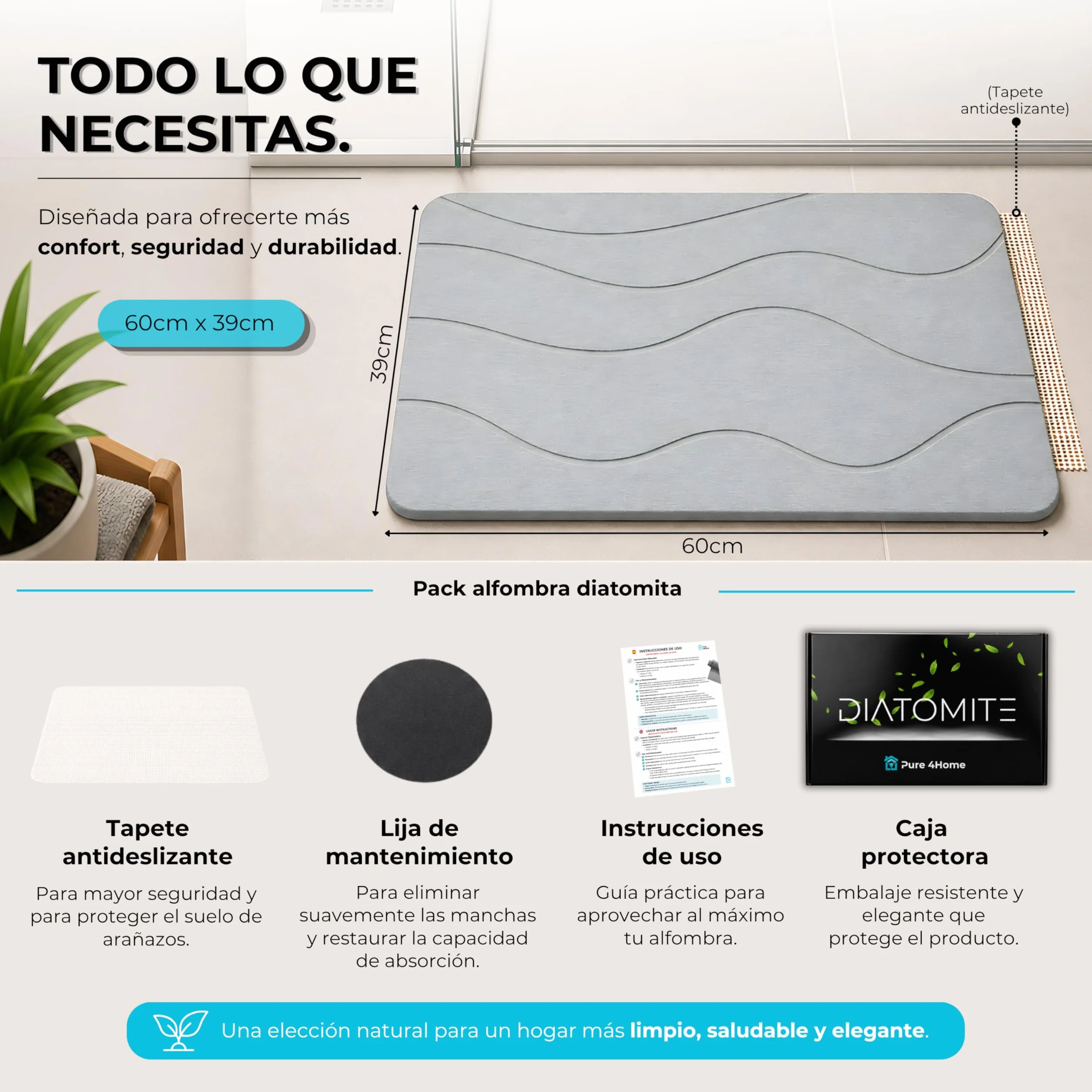 Alfombra Diatomita Baño 60x40 Antideslizante Antibacteriana Super Absorbente Stone Bath Mat Grey Waves