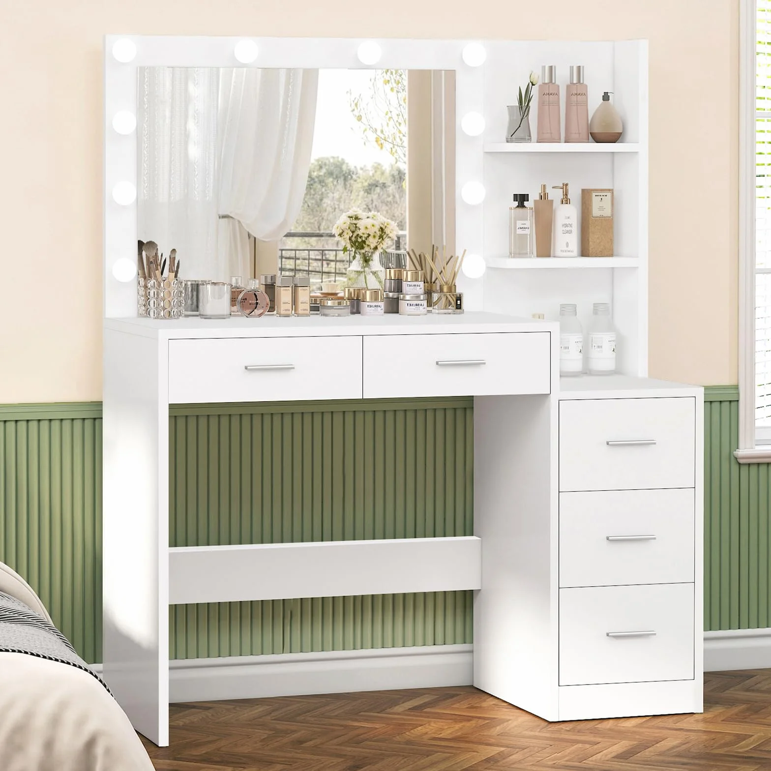 FIONESO 110cm Tocador de Maquillaje con Espejo Grande y Luces LED, Mesa de Maquillaje con 5 Cajones, 2 Estantes Abiertos, para Niñas, Blanco