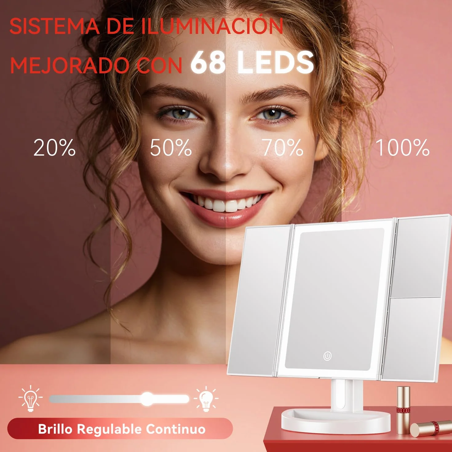 Auxmir Espejo Maquillaje con Luz 2000mAh Recargable 10X Aumento Tríptico 68 Leds Brillo Regulable 180° Giratorio 3 Colores Luz USB