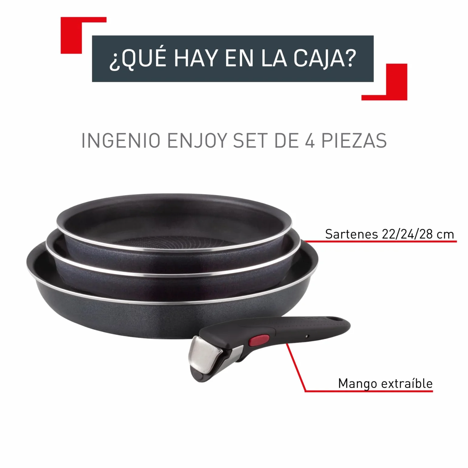 Tefal Ingenio Enjoy Juego de 3 Sartenes 22/24/28 cm Mango extraíble Apto inducción Antiadherentes Titanio Thermo-signal