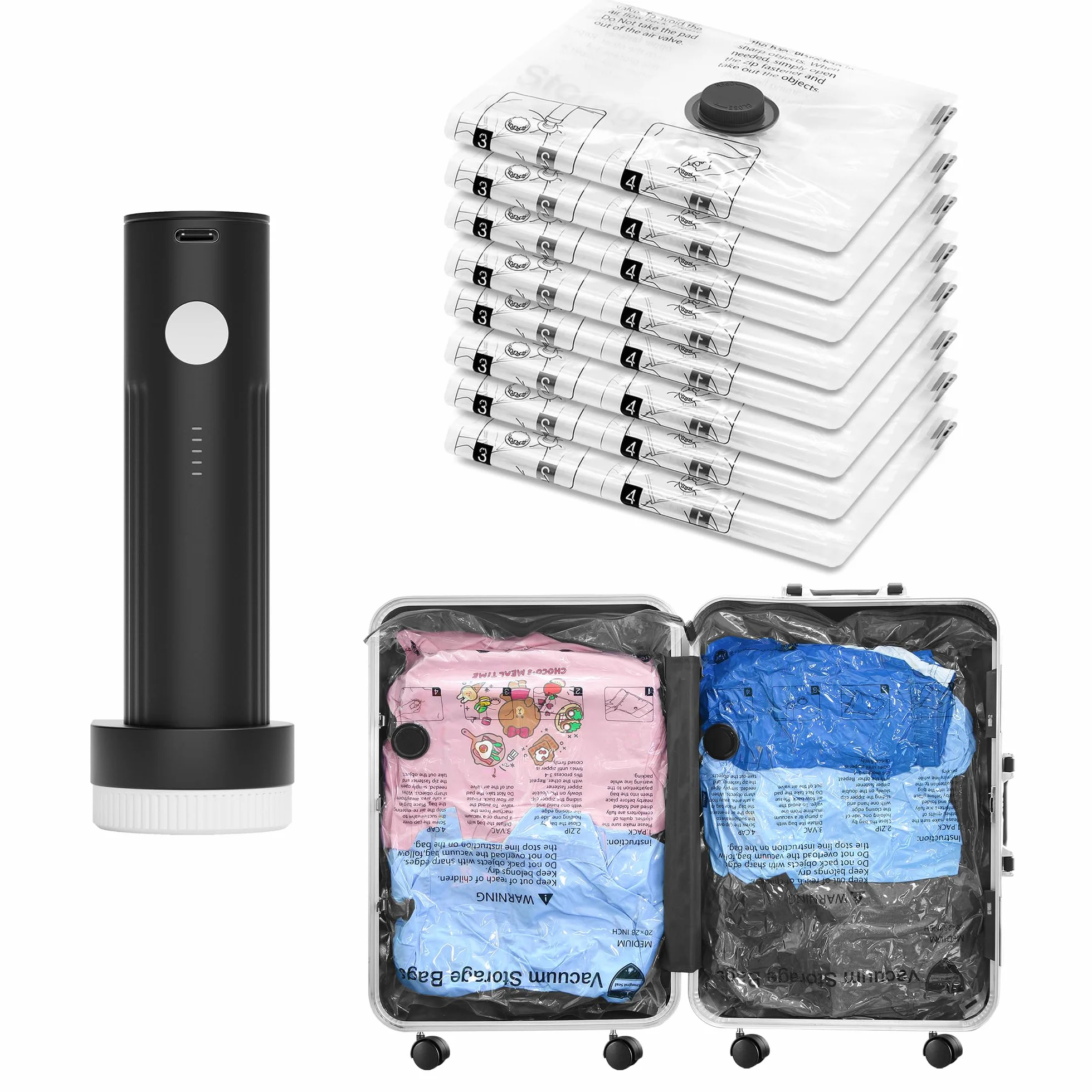 SUOCO Bolsas de viaje al vacío para ropa y equipaje, 8 bolsas de embalaje grandes que ahorran espacio con bomba eléctrica, almacenamiento de sello de compresión para maleta y mochila