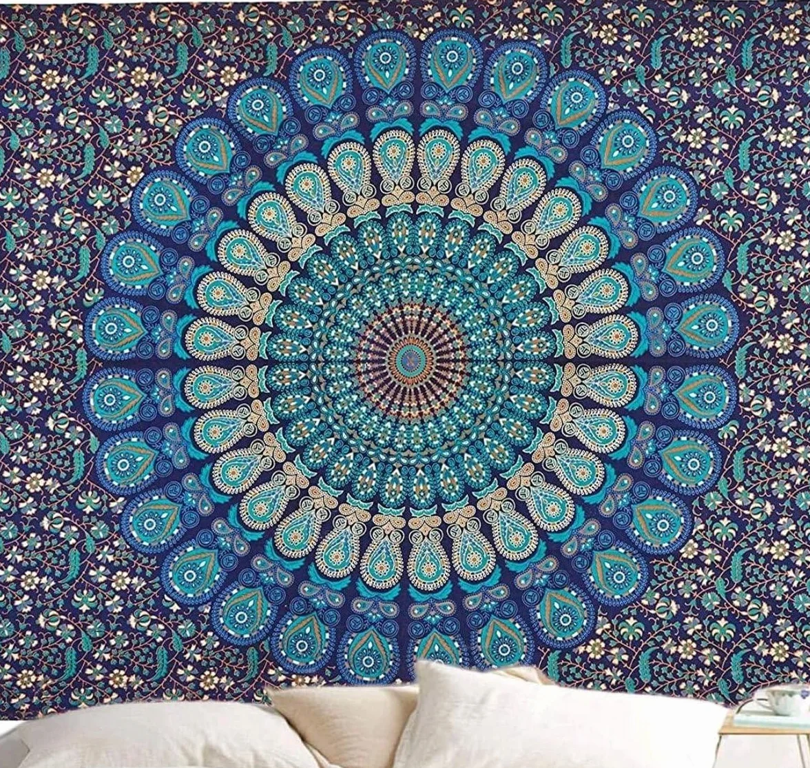 Tapiz Mandala Azul Bohemio 200 x 150 cm Grande Decoracion Pared Dormitorio Salon