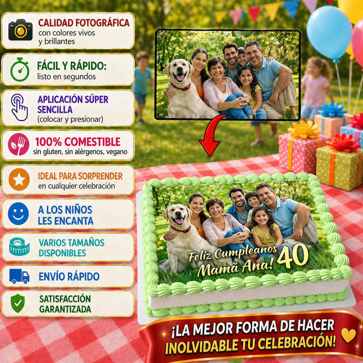 Oblea Papel de Azúcar Personalizada para Tarta con Foto Nombre Edad Imagen Comestible Cumpleaños Calidad Fotográfica Profesional Varios Tamaños Rectangular