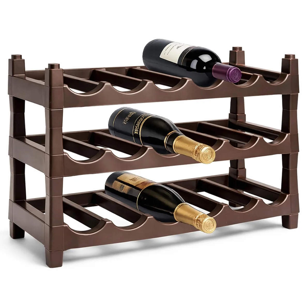 Ichigo Ichie Botellero de Plástico Apilable de 3 Niveles para 18 Botellas, Estanterías para Botellas de Vino, Estante de Almacenamiento para Exhibición de Vinos, Ideal para Hogar, Bar y Bodegas