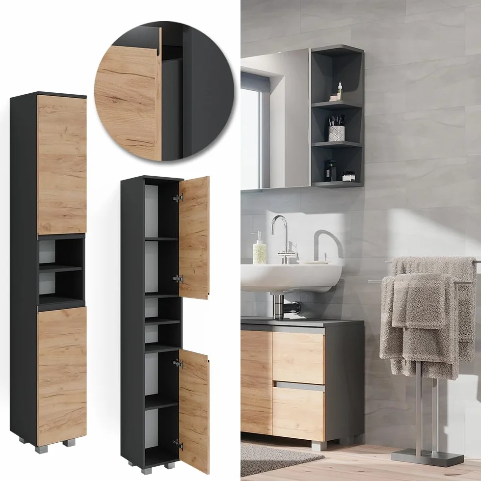 Vicco Armario de baño J-Shape, Gris, 30 x 190 cm, para Almacenamiento y combinación con Otros Elementos en Forma de J
