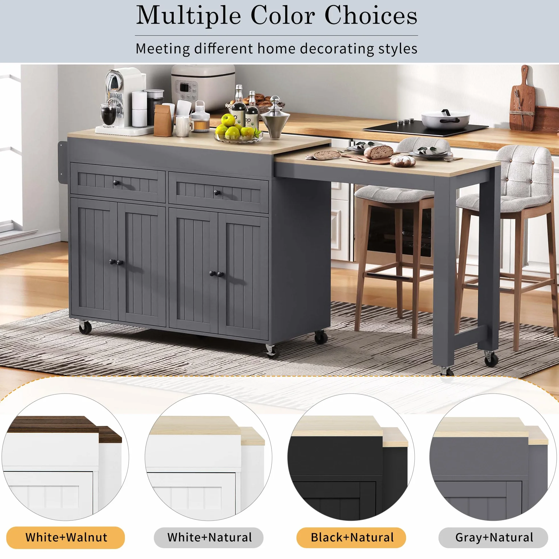 LAKFEW Mesa de Bar Isla Cocina con 7 Ruedas y Encimera Extensible, Mesa Cocina Extensible con 4 Puertas y 2 Cajones, Barra Bar Mueble Auxiliar, 112(180.5) x45x92.2 cm, Gris+Natural