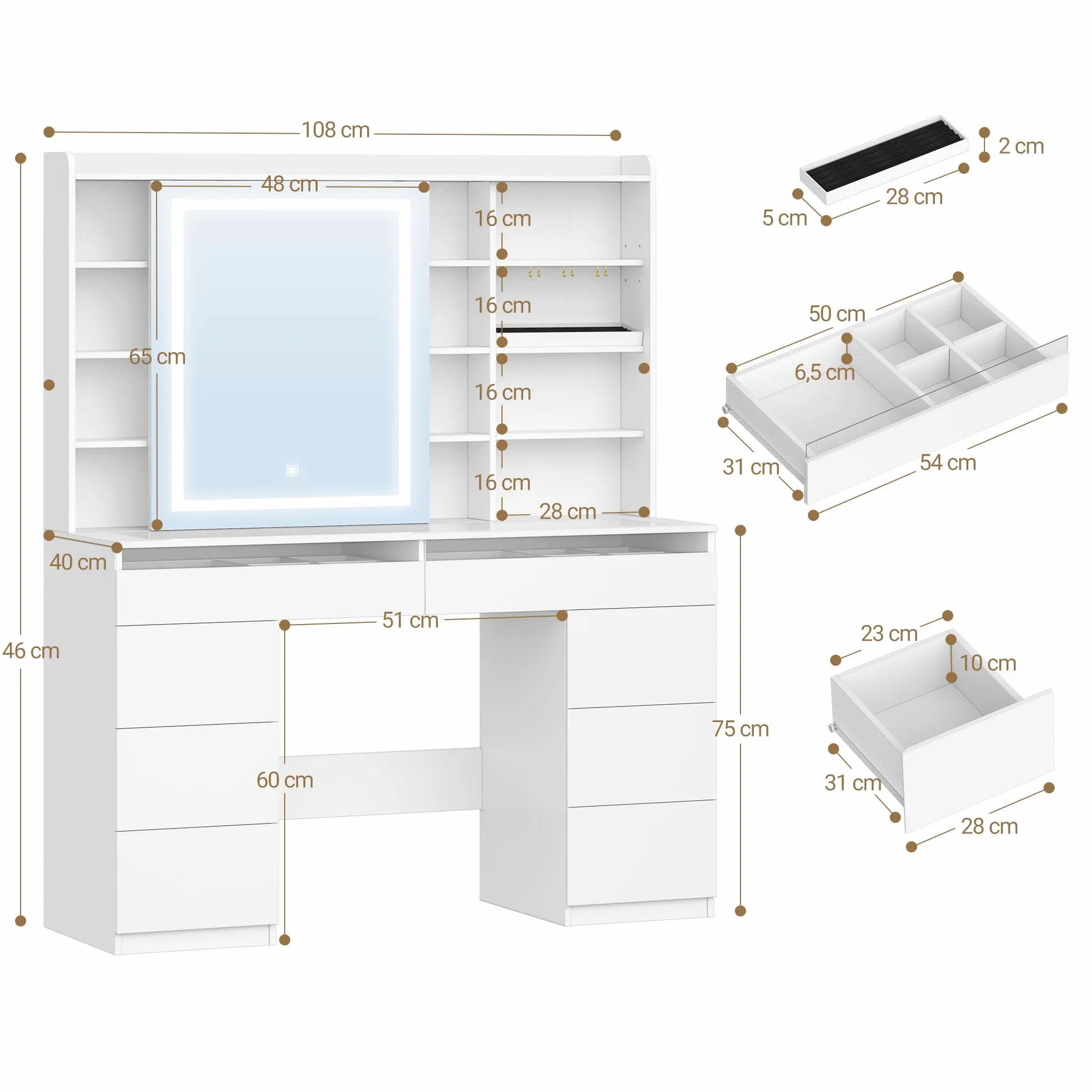 Hzuaneri 108 cm Tocador de Maquillaje, Tocador con Tablero de Cristal, Tira de Luz RGB, 8 Cajones, 9 Estantes de Almacenamiento Abiertos, Apto para Dormitorio, Blanco 1180203XEU