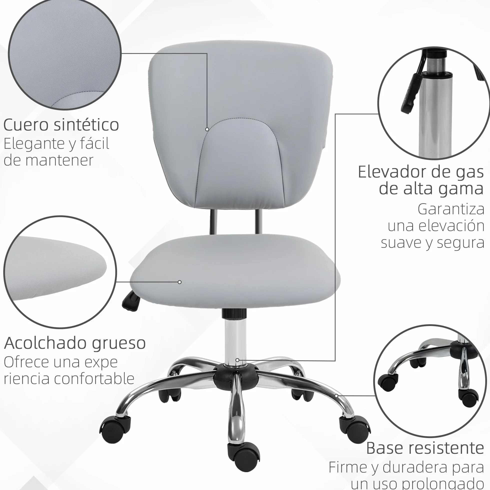 Vinsetto Silla de Oficina sin Reposabrazos Escritorio Juvenil Altura Ajustable Inclinación Carga 120 kg 50x54x87,5-96,5 cm Gris Claro