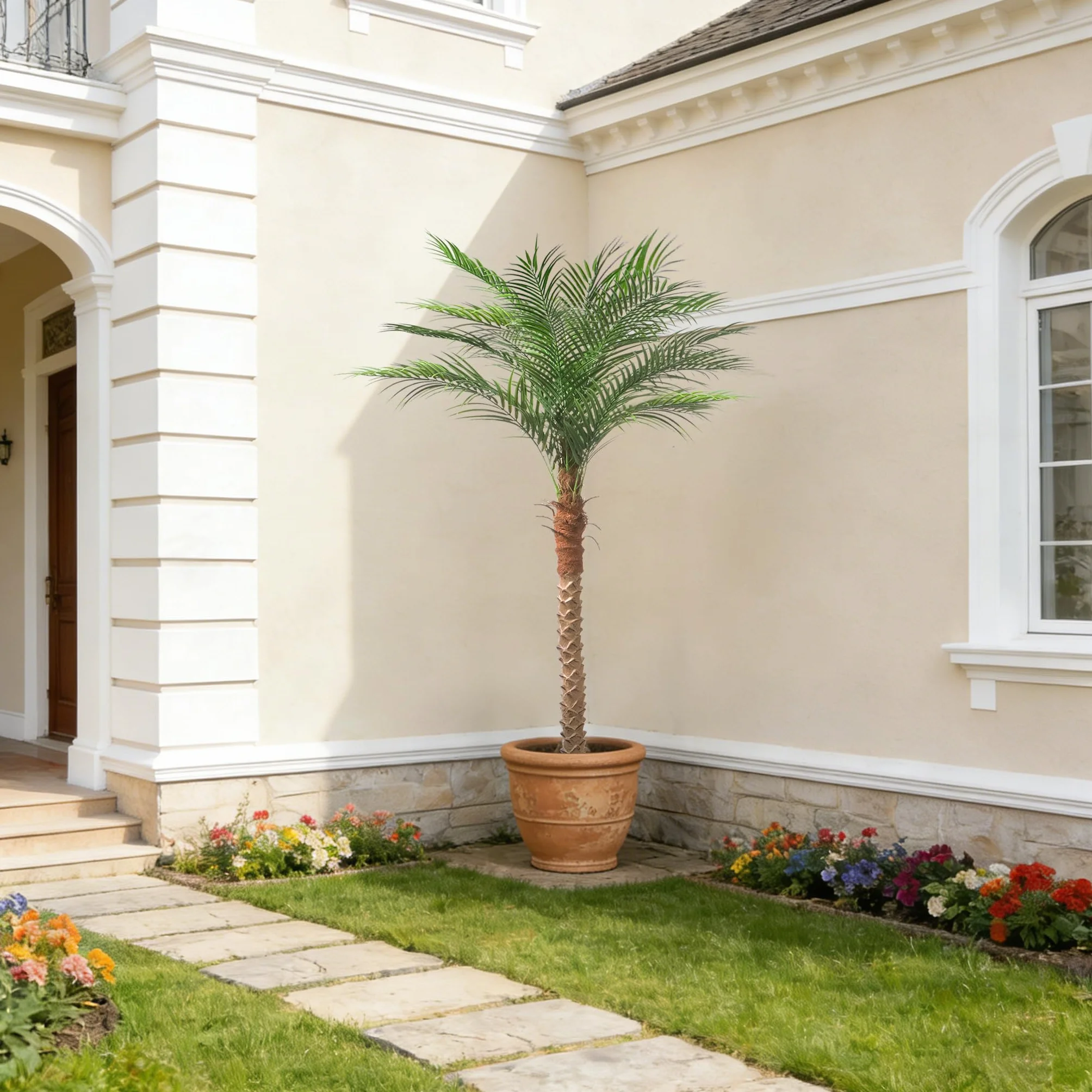 Palmera artificial de fénix de 7 pies de alto, árbol tropical grande falso con 15 hojas ajustables, planta de palma de sagú sintético para interiores y exteriores, sala de estar, patio, piscina