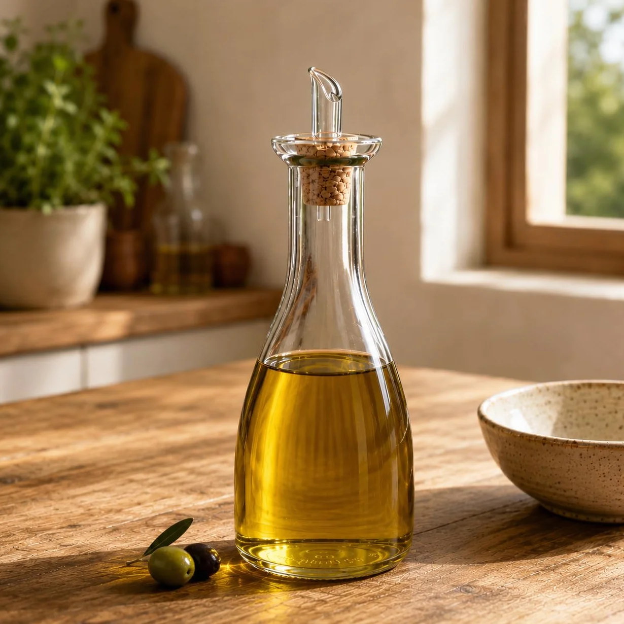Aceitera Antigoteo 500 ml con Embudo Plegable – Botella de Vidrio con Tapón de Corcho Natural para Aceite y Vinagre