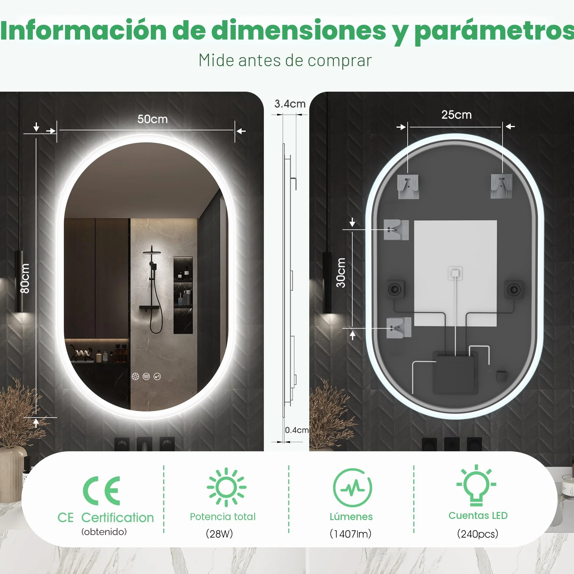 S'bagno Oval Bluetooth Espejo Baño con Luz 50x80cm, Antivaho, Espejos de Baño con Led y Memoria, 3000K/4000K/6500K, Regulable, Cristal Templado HD, IP44 Espejo Baño Led, Horizontal o Vertical