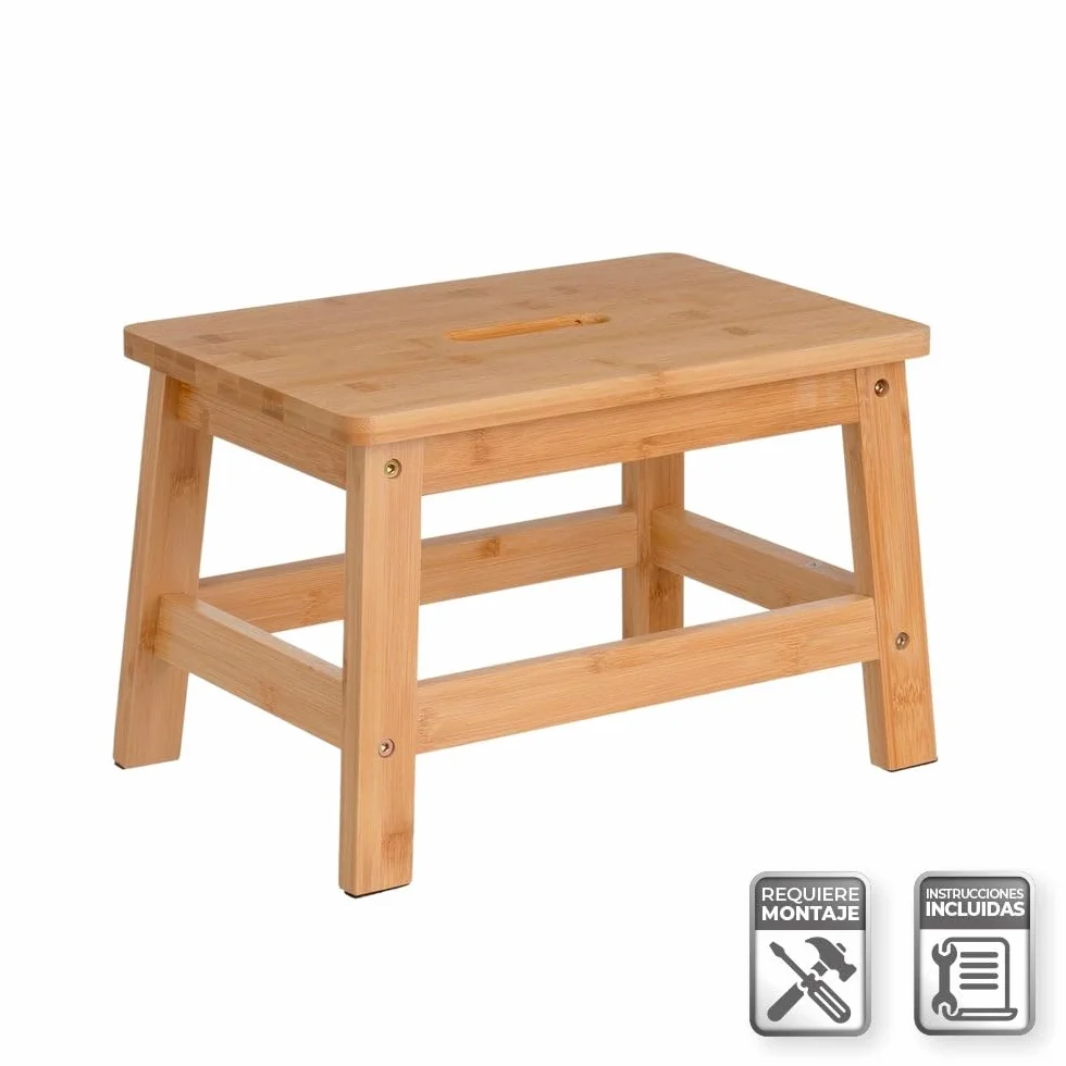 Bambusowy Taboret Krok Madera Naturalny 38x26x25 cm 150 kg z Uchwytem i Ochroną Antyrysową