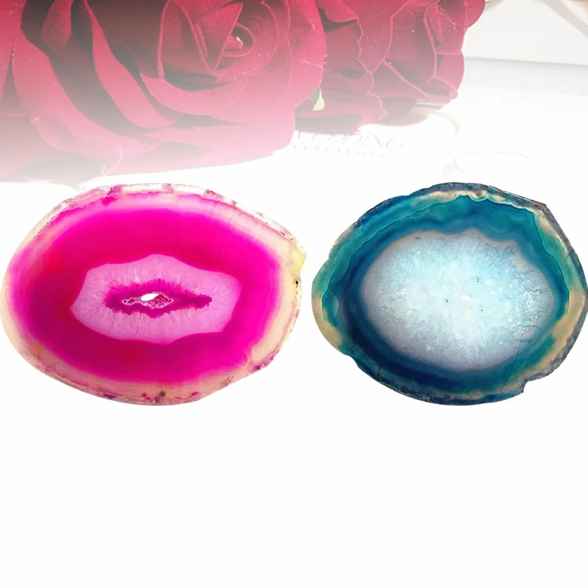 LIFKOME Rebanadas Decorativas de Ágata Pulida Ovalada 6-8 CM 2 Piezas Rosa y Azul Piedra Natural para Decoración del Hogar y Oficina Accesorios para Fuentes Interiores y Jardinería