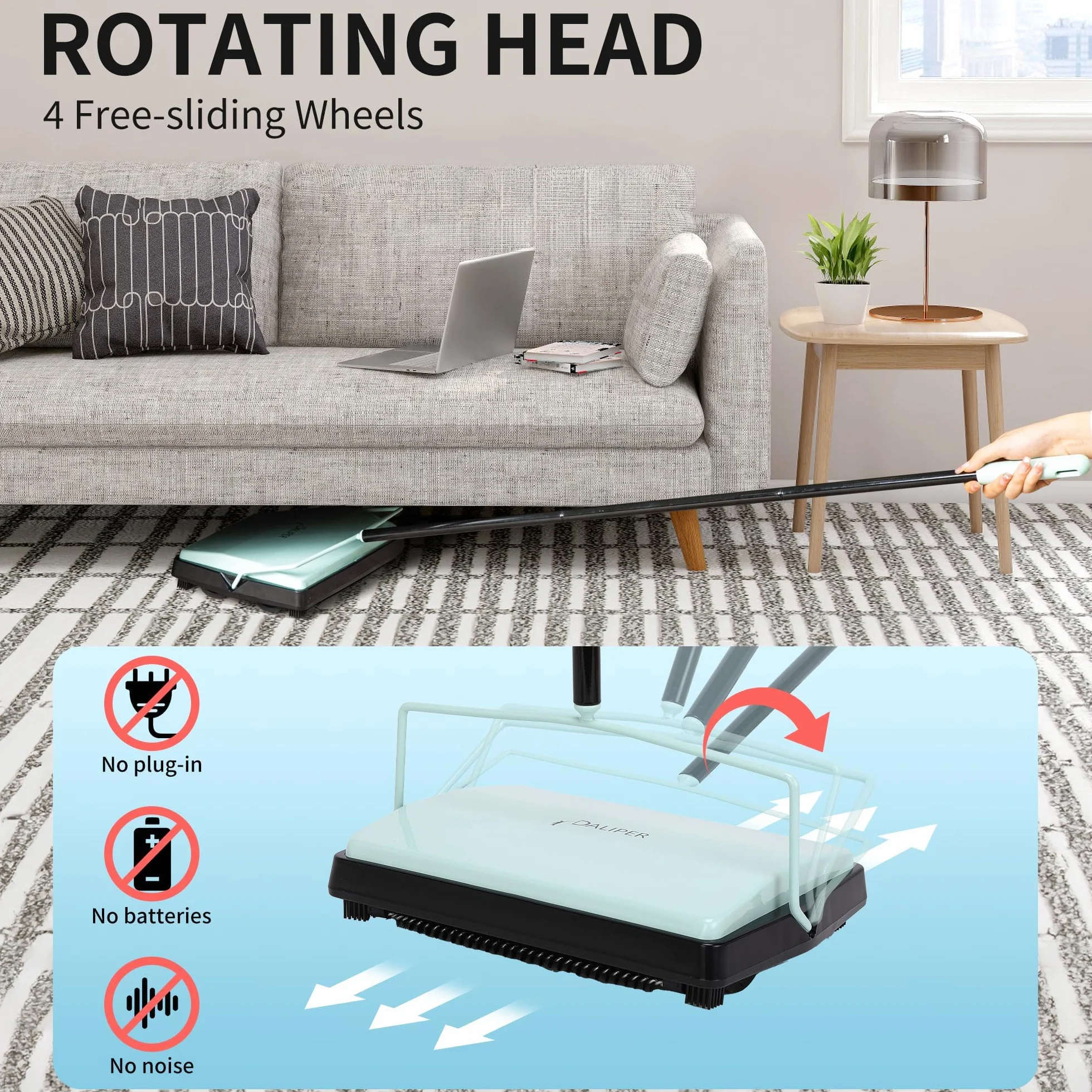 Cepillo para alfombras con Rodillo de Crin, Cepillo electrostático para Suelos de Empuje Manual