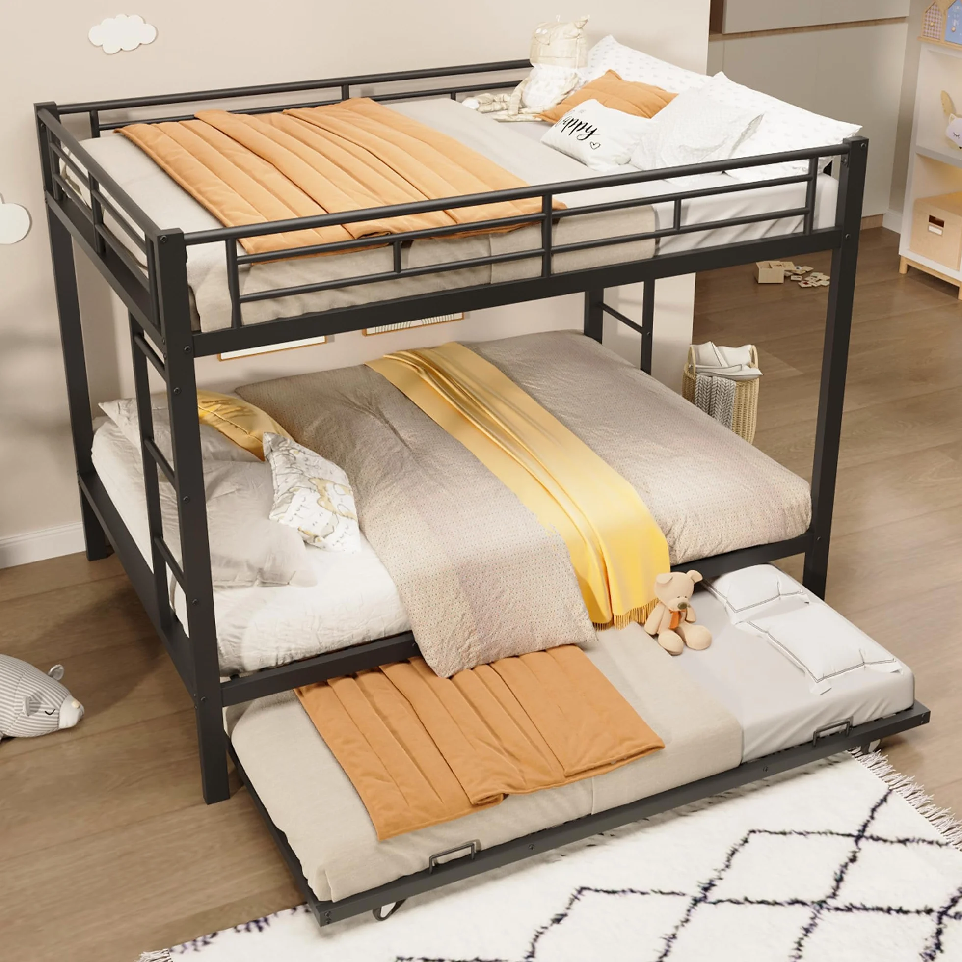 Moimhear 140x200cm, litera, cama de hierro, cama infantil, equipada con cama nido (90x190cm), barandillas altas, sin colchón (Negro)