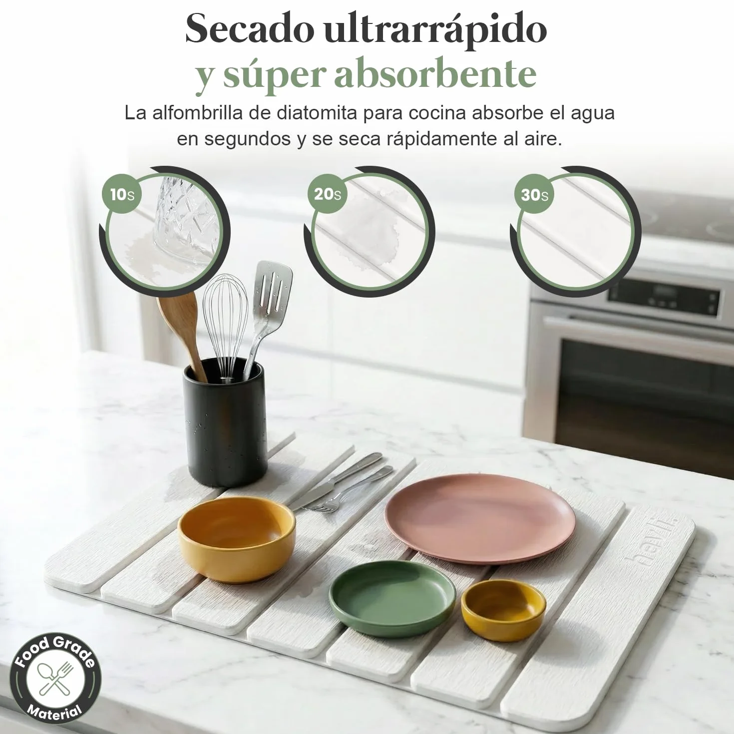 Alfombrilla Escurreplatos de Diatomita Plegable Absorbente Secado Rápido Cocina Antideslizante Base Cuero Sintético Incluye Lija Blanco
