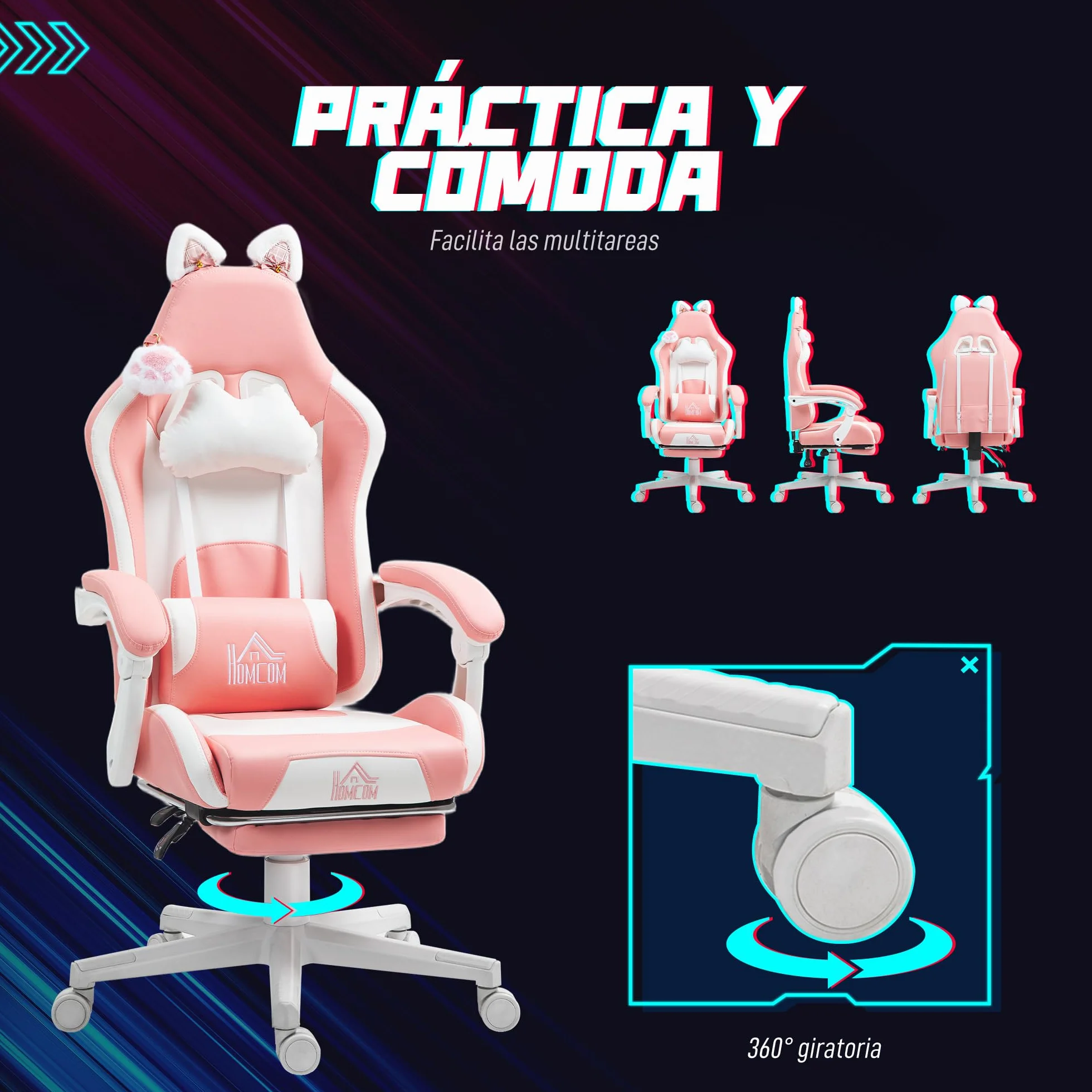 HOMCOM Silla Gaming con Orejas Silla Gamer Reclinable 135° con Altura Ajustable Reposapiés Retráctil Soporte Lumbar Giratorio 360° y Reposacabezas Desmontable Silla para Oficina Estudio Rosa