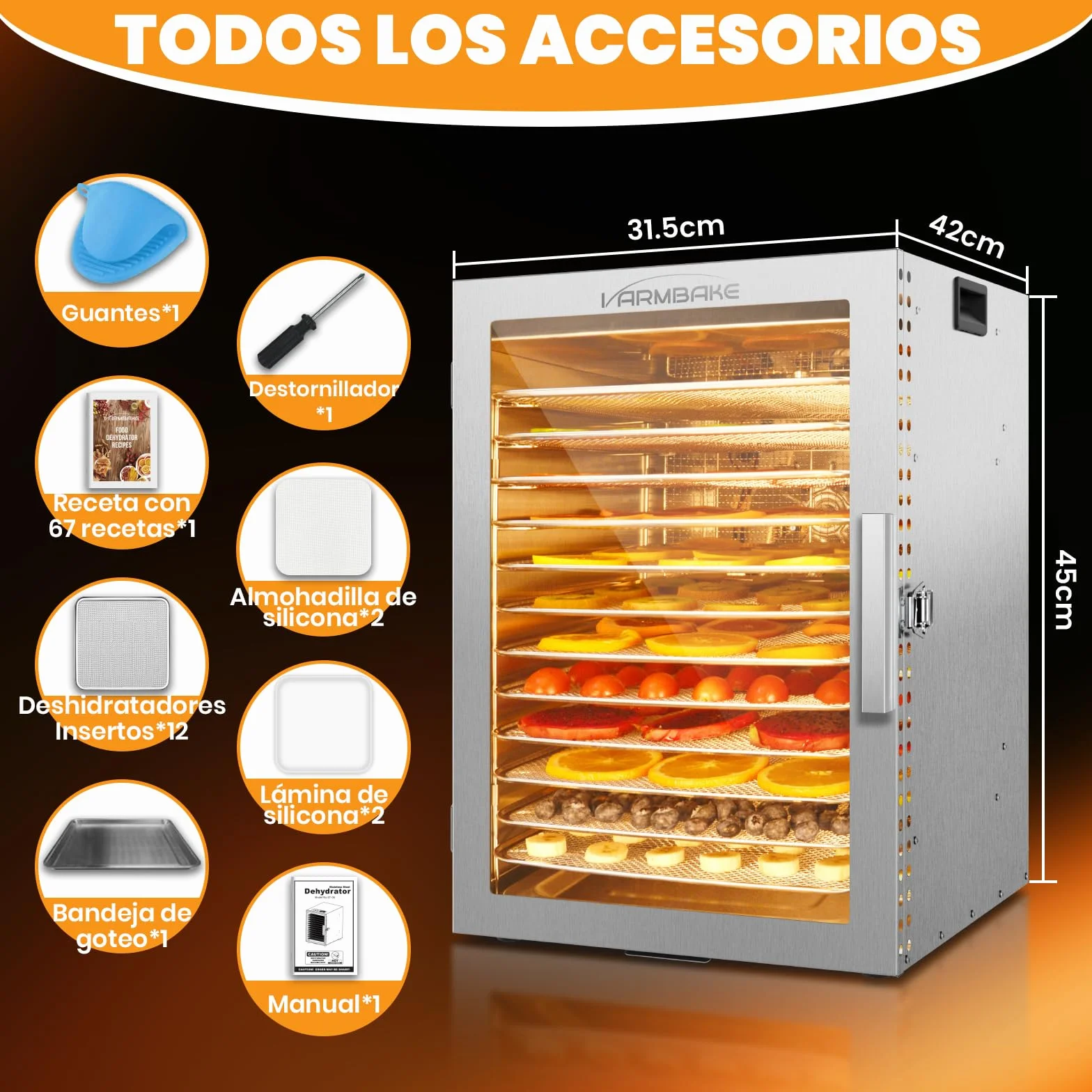 Deshidratador de alimentos 800 W, 12 bandejas acero inoxidable, 10.9 ft², control temperatura 190ºF, temporizador 24H