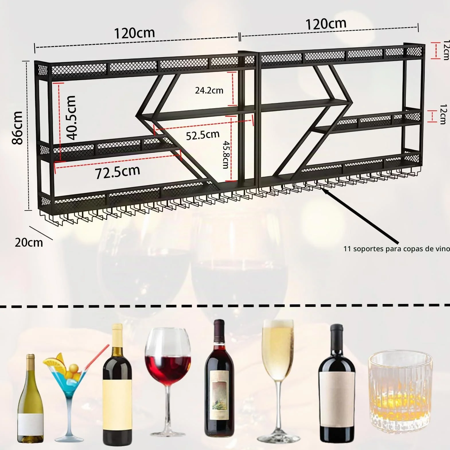 Estante de vino de pared de metal con iluminación LED y soporte modular