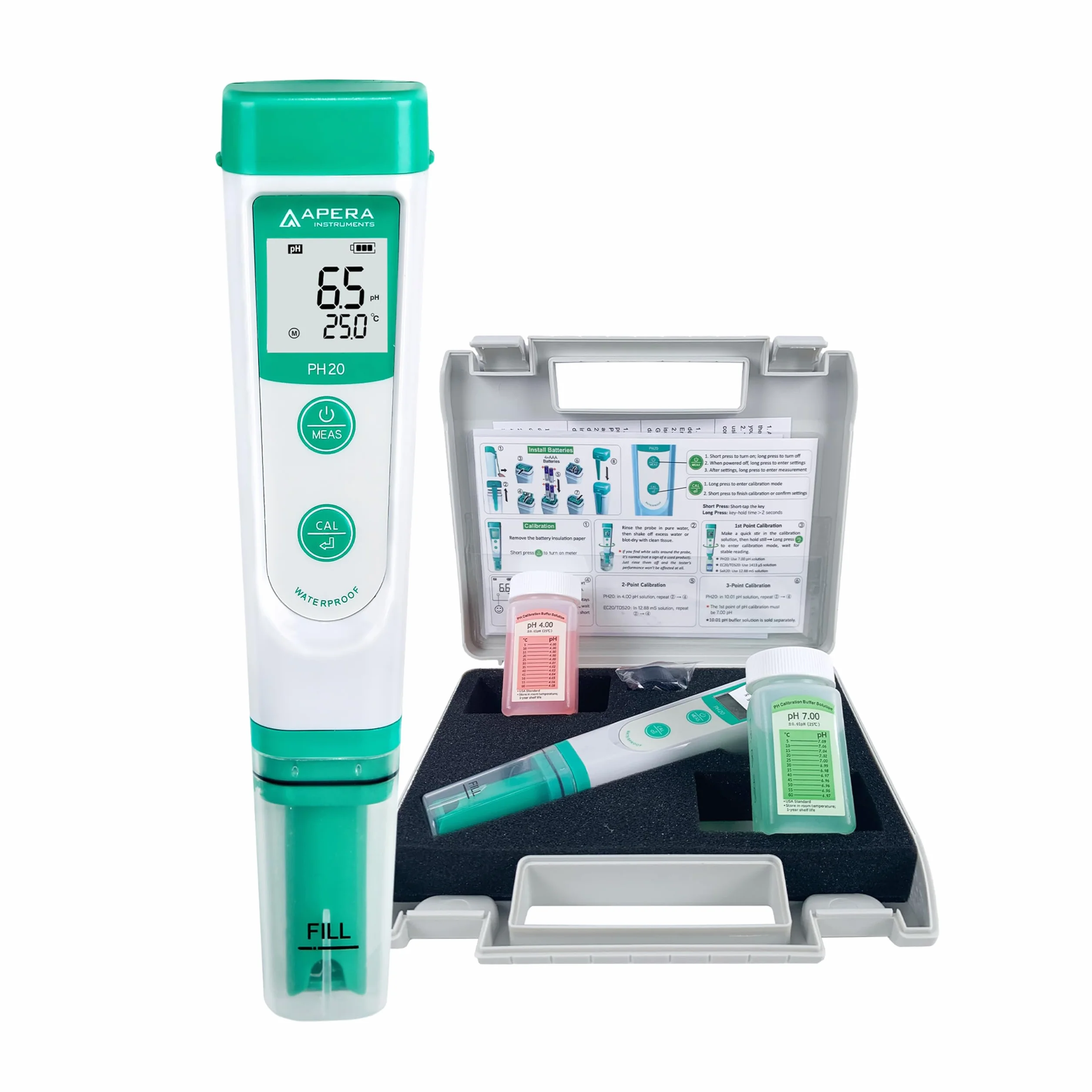 Medidor de pH PH20 de Apera Instruments, medidor de bolsillo (precisión ± 0,1 pH, rango de medición pH 0-14, resistente al agua, indicador de temperatura) Juego con soluciones de calibración