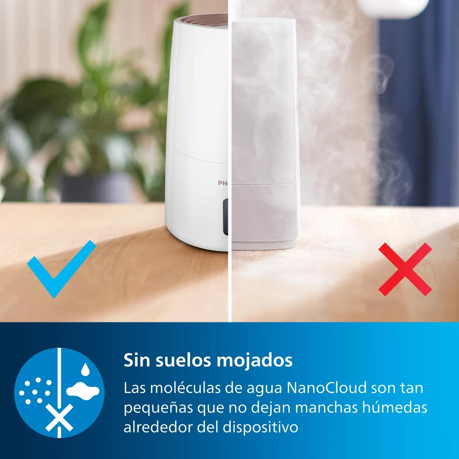 Philips Humidificador Serie 3000, 45 m², 99,97% menos bacterias (NanoCloud), 300 ml/h, 3 velocidades, Modo Sueño, Ultrasonido (33 dB), Sensor, Temporizador, Depósito 3L, Blanco (HU3916/10)