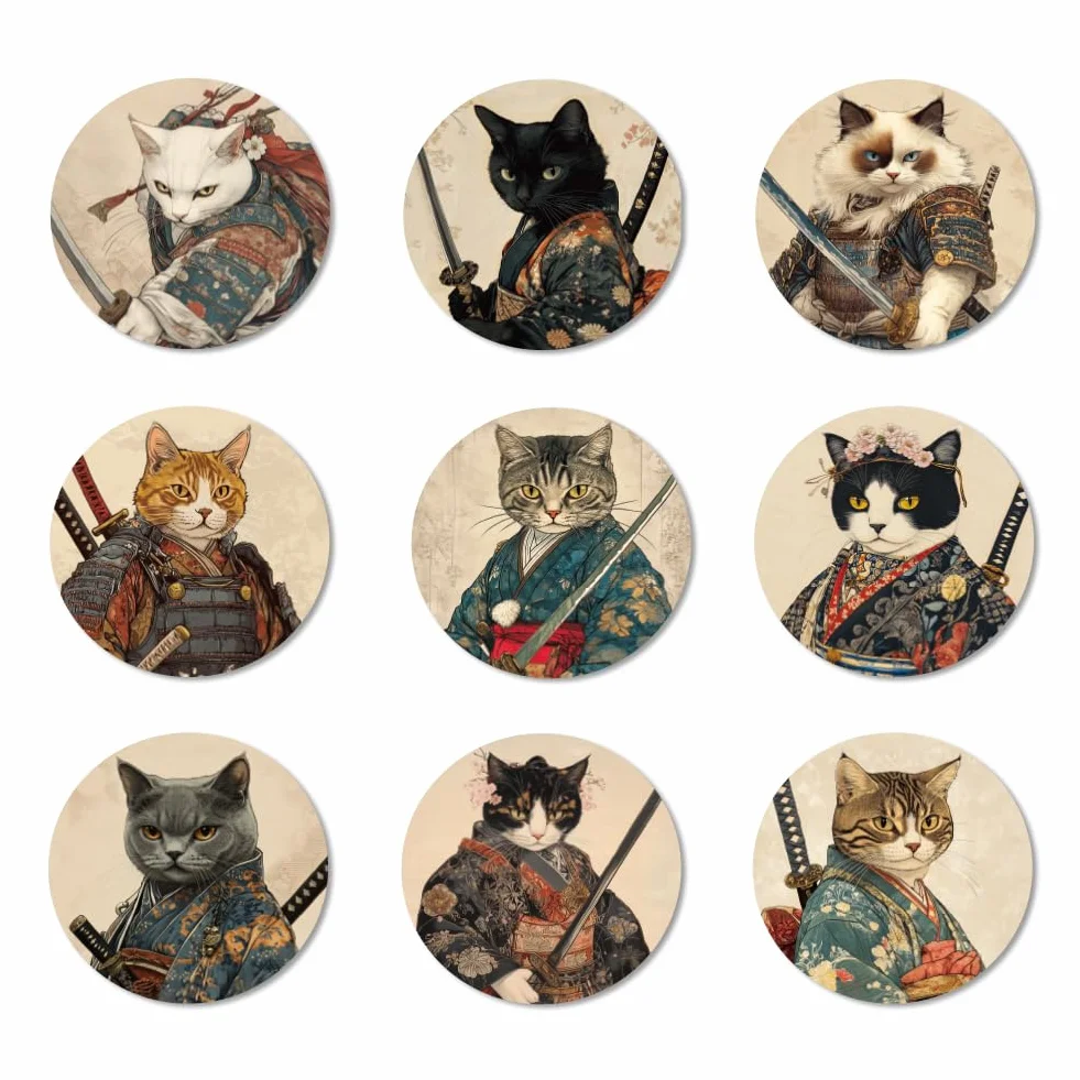 ANATTASOUL 9Pcs Gato Samurái Posavasos Madera, Posavasos De Madera, Reutilizables, Redondos, Drink Coasters, Taza para Café, Bar, Cocina, Restaurante