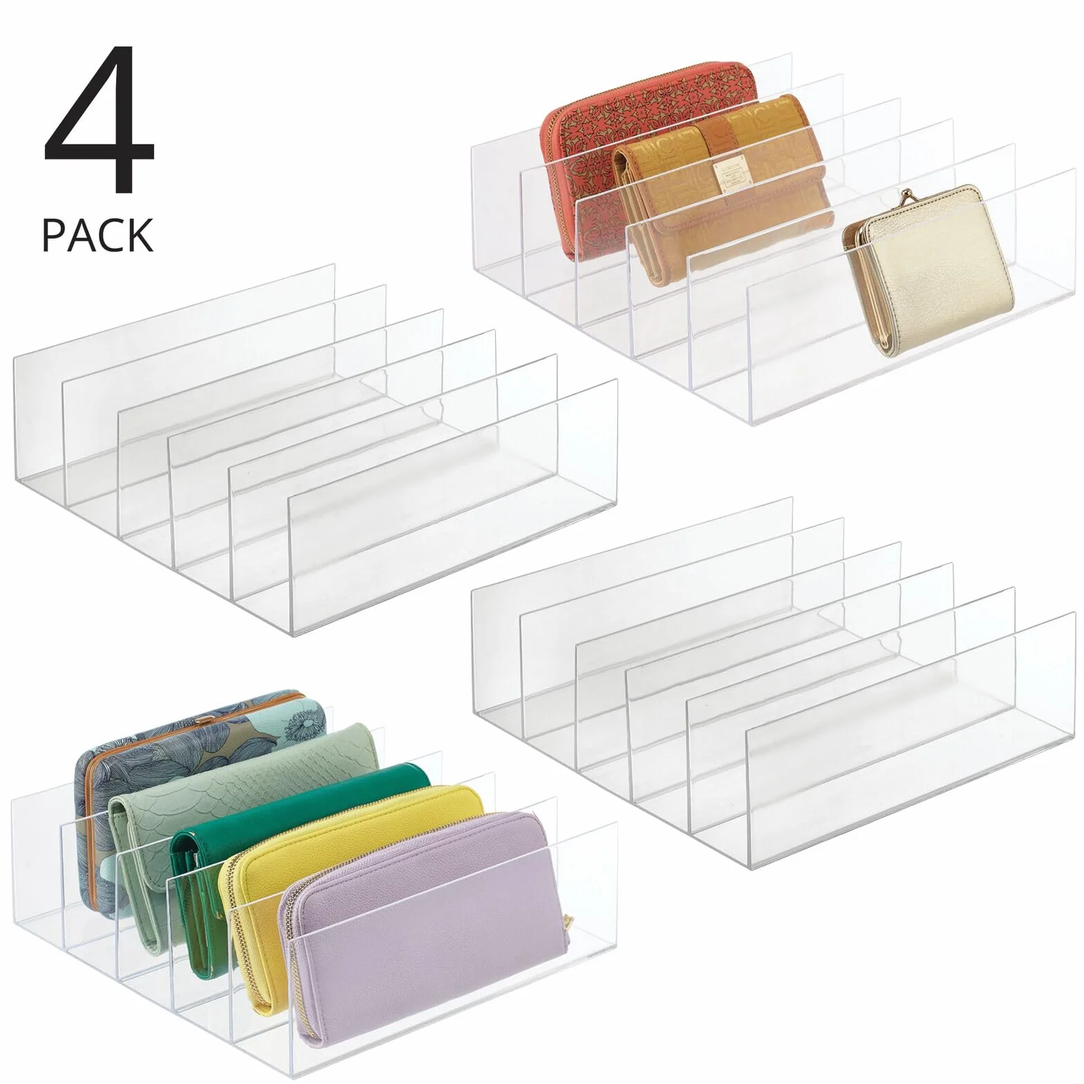 mDesign Expositor de plástico para bolsos de mano – Prácticos soportes para carteras, monederos, billeteros, etc. – Organizador de bolsos con 5 compartimentos – Juego de 4 – azul transparente
