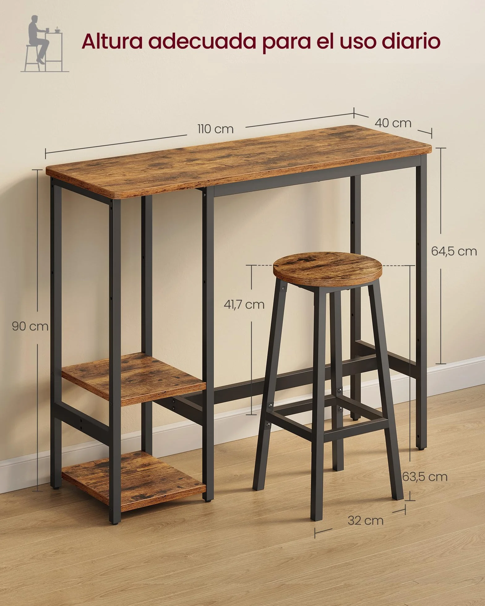 VASAGLE Mesa de Cocina con 2 Sillas, Conjunto Comedor con Estantes, Marco Acero, Marrón Rústico y Negro