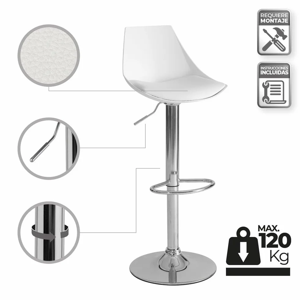 LOLAhome Taburete Alto Cocina Giratorio 360° Regulable Altura 83-104 cm Respaldo Metal Reposapiés Blanco