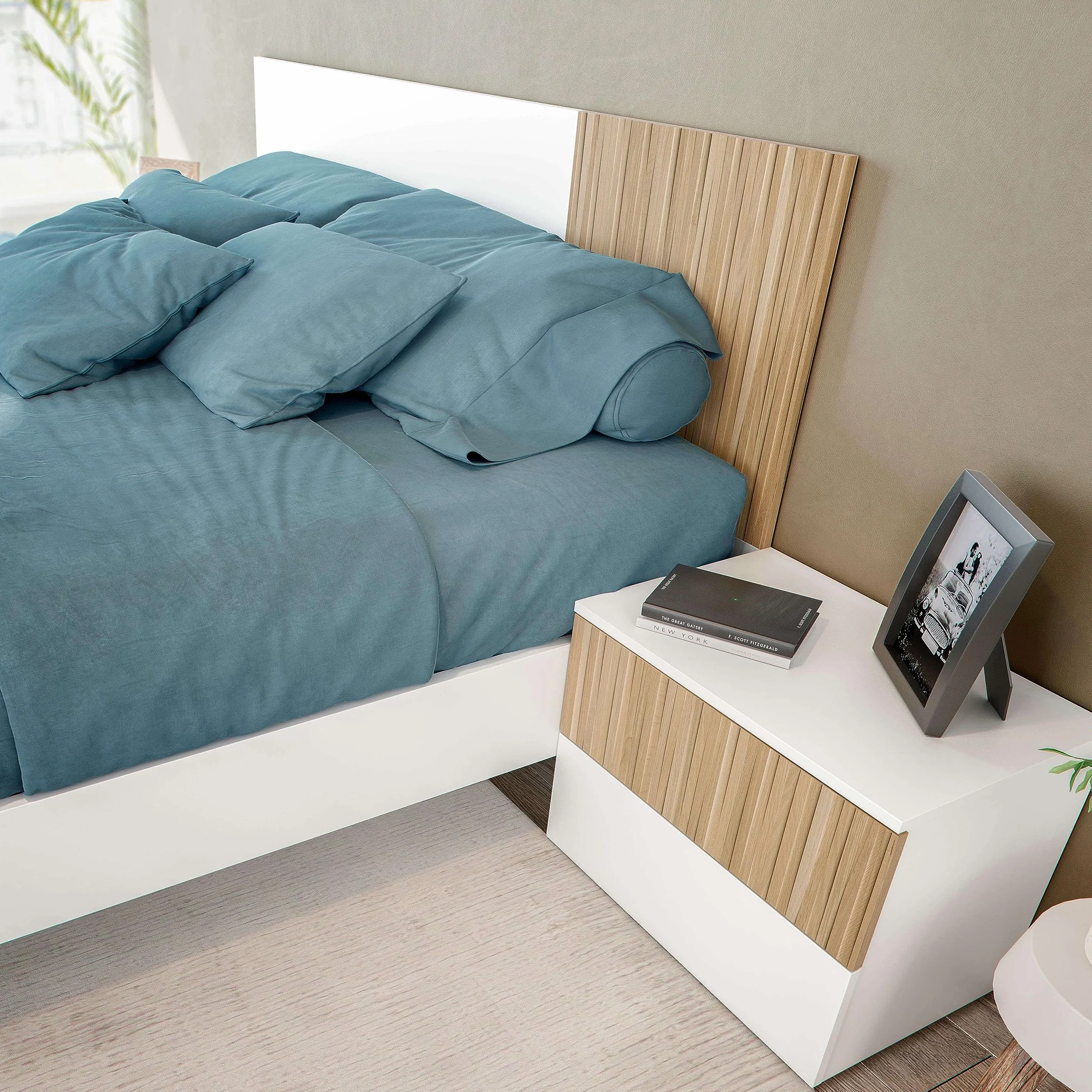 Habitdesign Cabezal + 2 Mesitas, 266x91x34 (AnchoxAltoxFondo-en cm), Color Blanco Artik y Natur, Cabezal Reversible y 2 Mesitas, Modelo Ethna