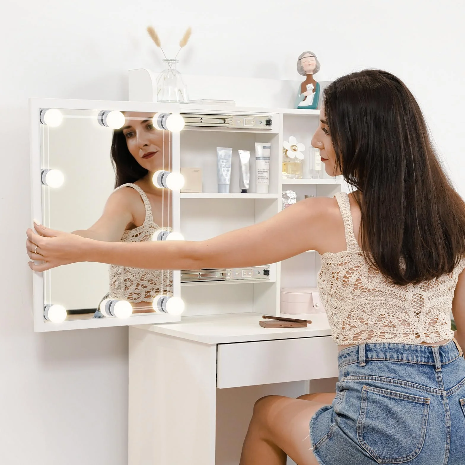 LEMROE Tocador Hollywood con Espejo LED y Taburete, Mesa de Maquillaje Blanca con 7 Estantes y 1 Cajón