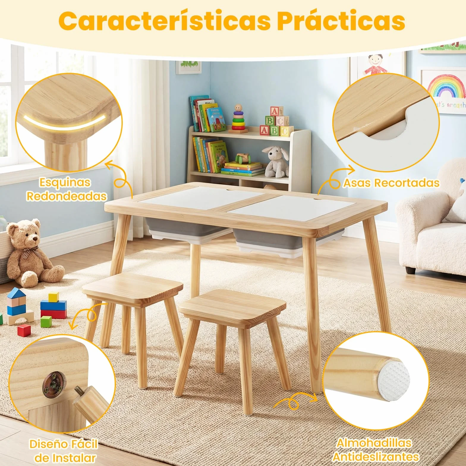 COSTWAY Mesa Sensorial Montessori con 2 Taburetes, Sillas Niños Superficies Doble Faz Desmontables, Cubetas Almacenamiento, Patas Madera Pino