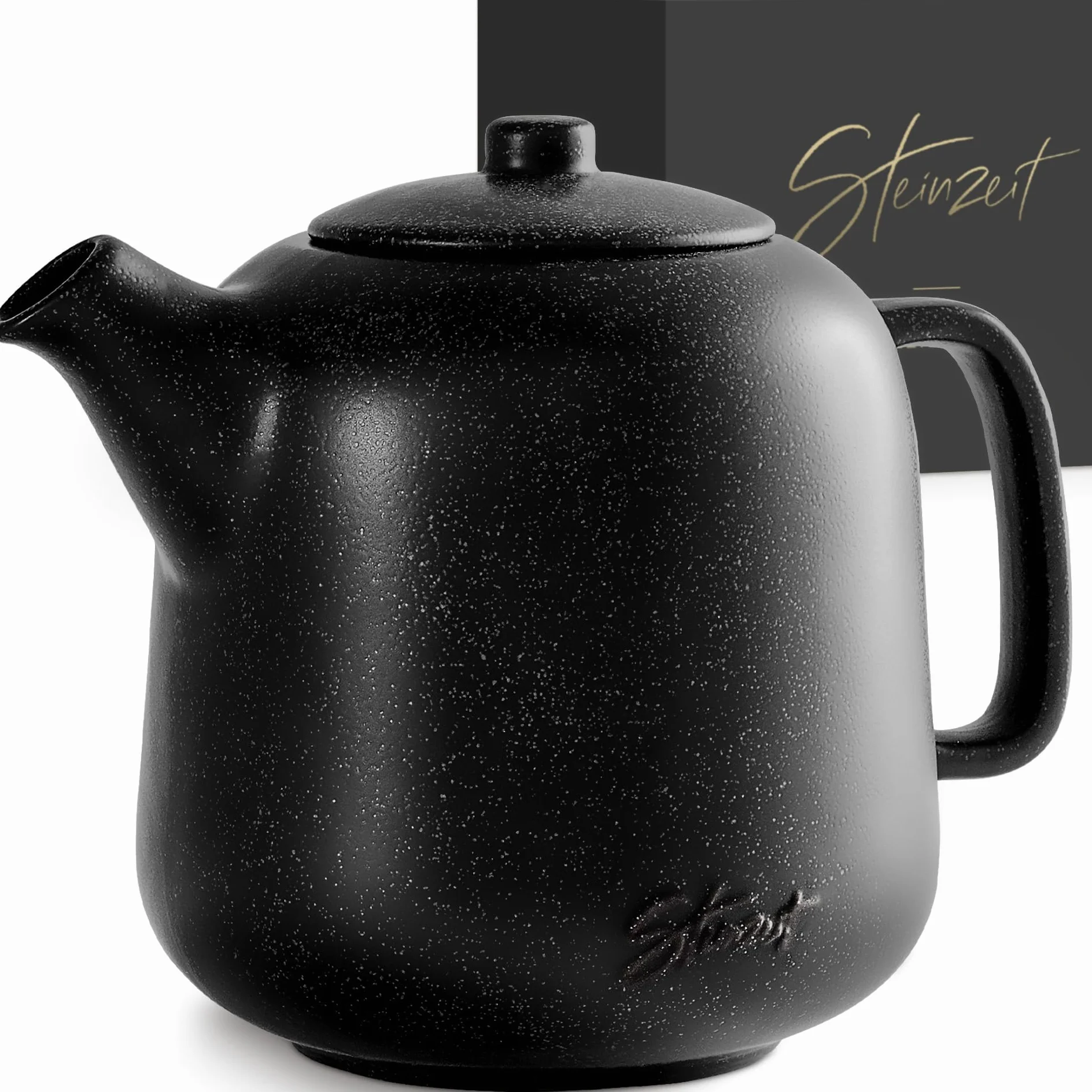 STEINZEIT Tetera de cerámica negra 1,3 L con colador de acero inoxidable 304