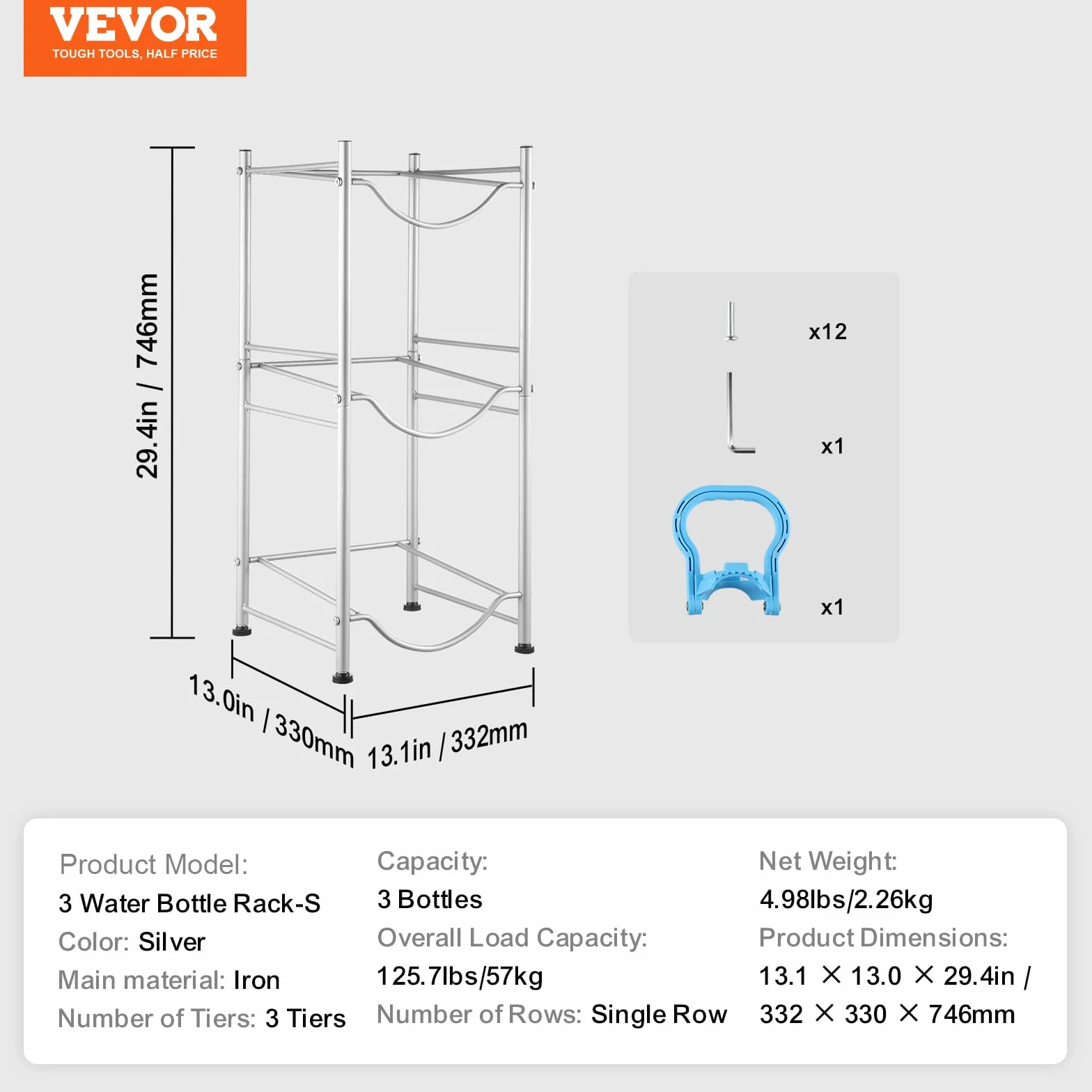 VEVOR Soporte para Jarra de Agua 3 Niveles Estante para Botellas de Agua 332x330x746 mm Soporte para 3 Botellas Estante para Jarras de Agua Resistente para Cocina, Oficina, Sala de Estar, Plateado