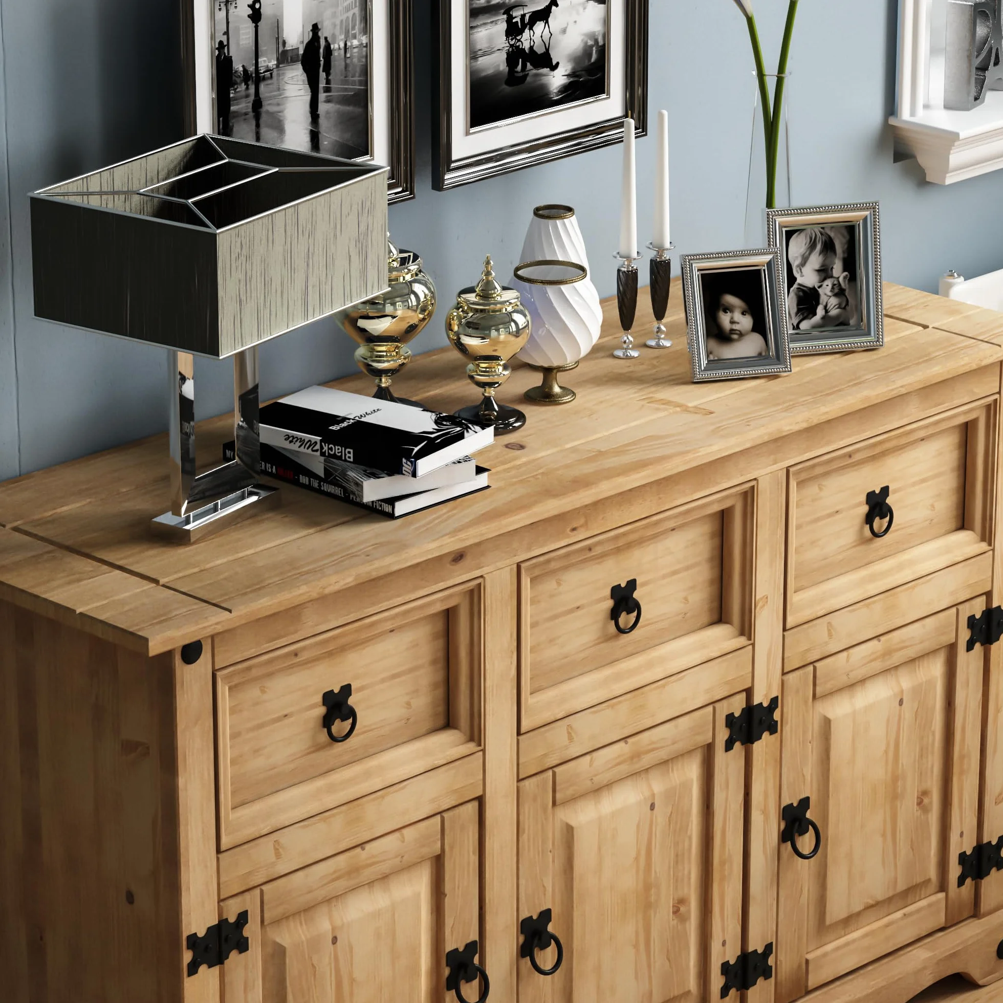 Vida Designs Corona - Aparador con 3 puertas y 3 cajones, madera de pino maciza, para salón, comedor, dormitorio