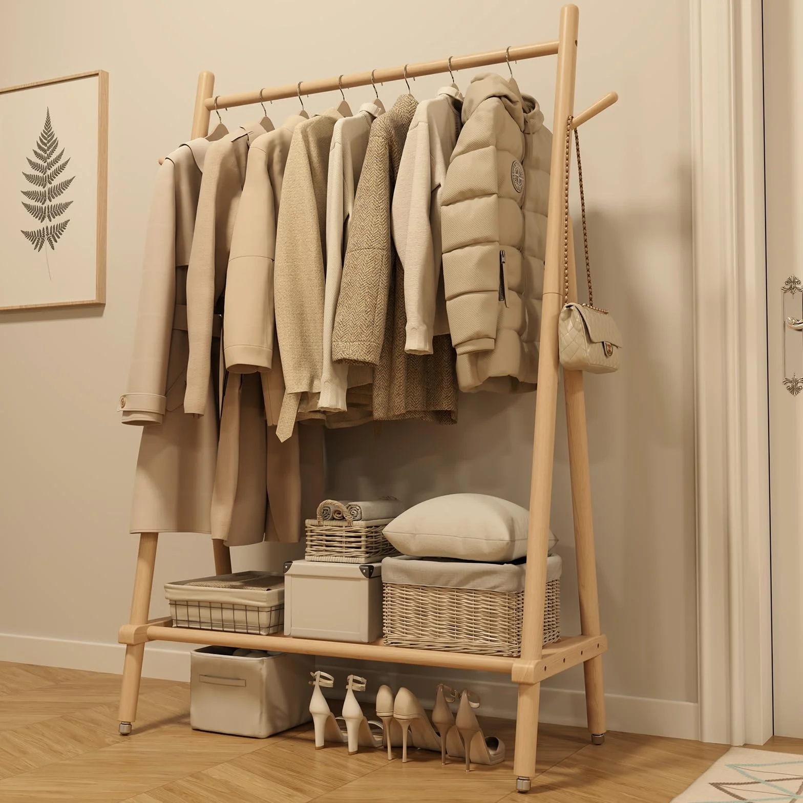 AQIMUELE - Perchero con ruedas, barra para carga pesada, perchero de madera, 43 x 100 x 157 cm, con soporte para zapatos, para dormitorio, salón (natural)