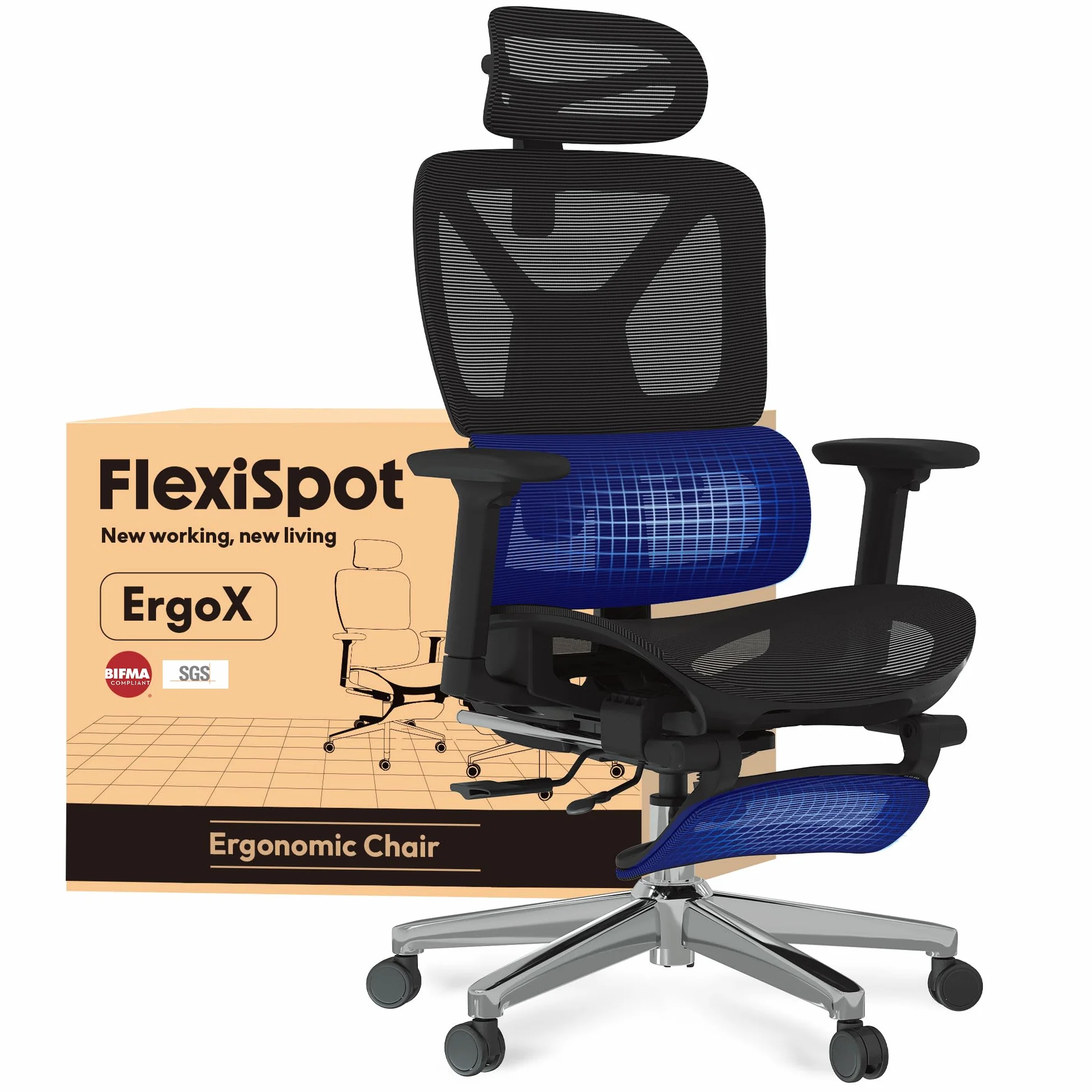 FLEXISPOT ErgoX Silla Escritorio con Reposapiés, Soporte Lumbar, Respaldo 5D, Reposabrazos 3D, Silla Gaming, Cojín Transpirable, Inclinación 135°, Silla Ergonomica Escritorio, Negro