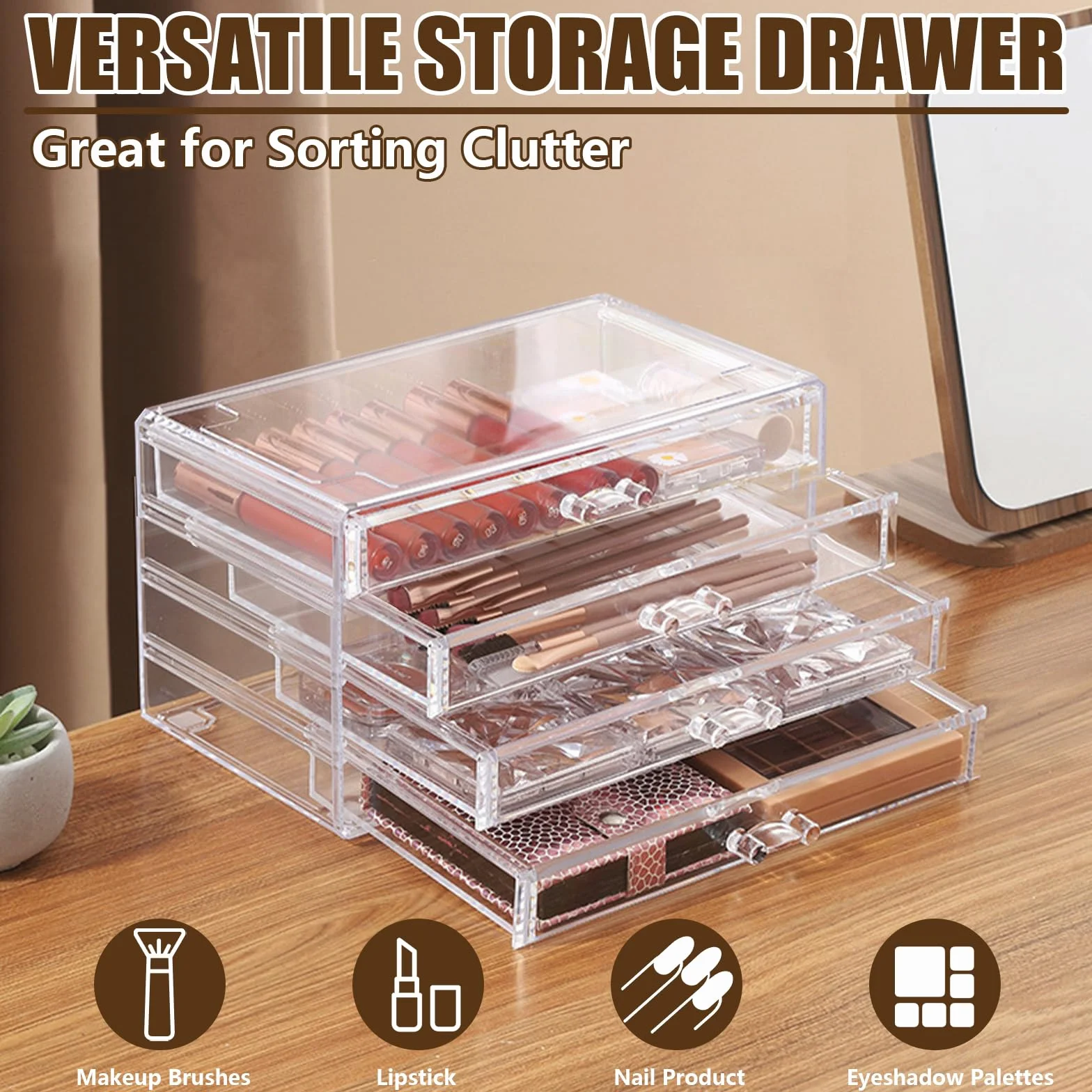 Organizador de Maquillaje Cosméticos Caja Grande 4 Cajones,Acrílico Transparente (4 Cajones)