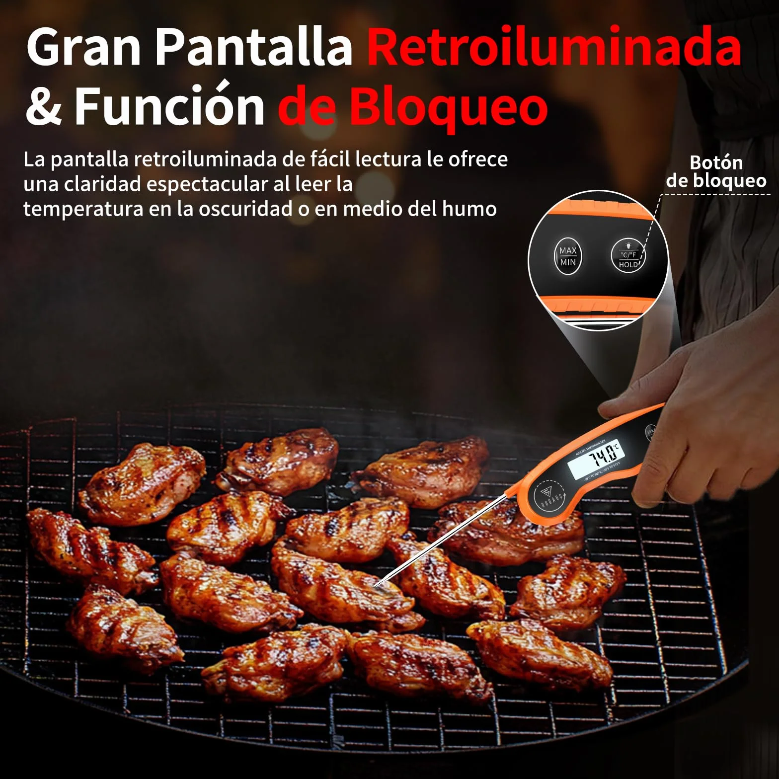 DOQAUS Termometro Cocina, Termometro Digital Cocina, 3 Segundos Lectura Rápida, Precisión ±0,5℃, Pantalla LCD, Termómetros para Frigoríficos, Carne, BBQ, Horno, Aceite, Agua(Naranja)